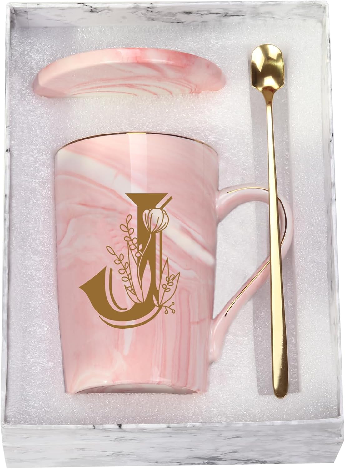 WENSSY Pink J Personalized Initial Mugs with Flower, 14 Ounce Novelty Coffee Mug for Women, Bridal Shower Gifts, Dishwasher Safe Porcelain Mug