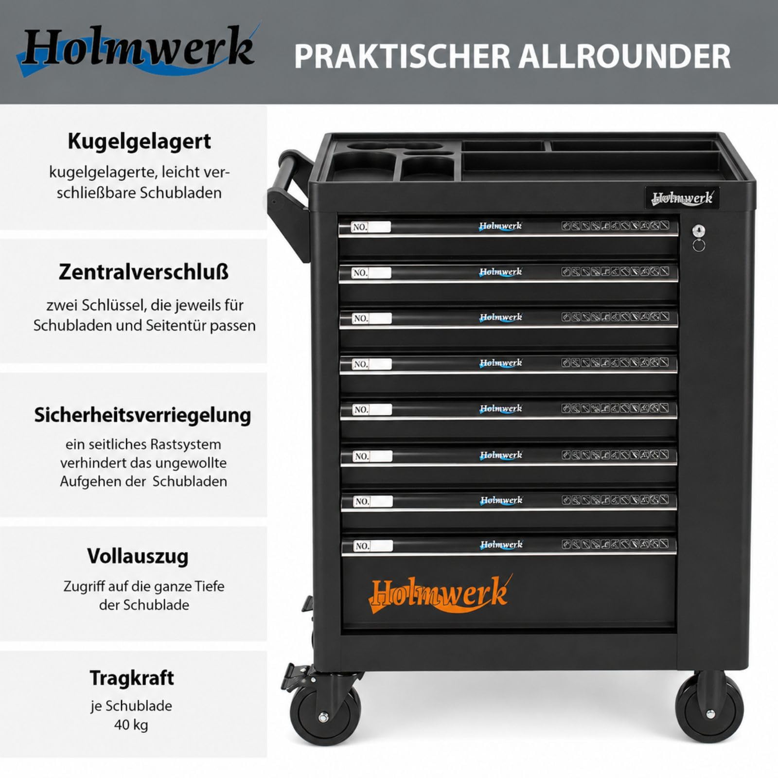 Werkstattwagen ROCKX unbestückt 8 kugelgelagerte Schubladen Vollauszug Softclose 1 Seitentür abschließbar Montagewagen Werkzeugwagen mit 2 Feststellbremsen Schiebegriff