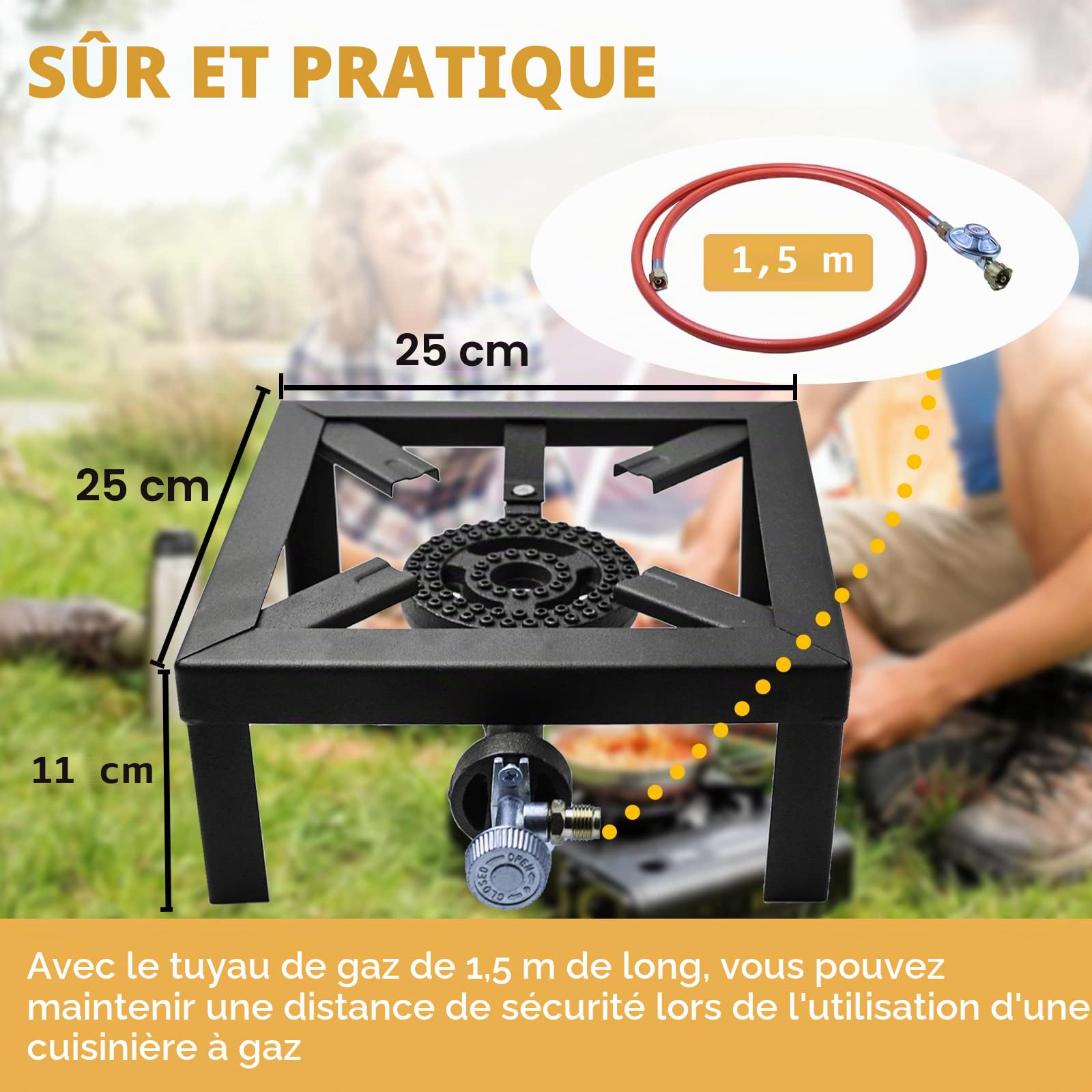 Réchaud à gaz portable 8KW pour camping en plein air 25 x 25 x 11 cm, réchaud de camping à gaz, avec tuyau de propane de 150 cm et régulateur de pression de gaz 50 mbar à débit constant