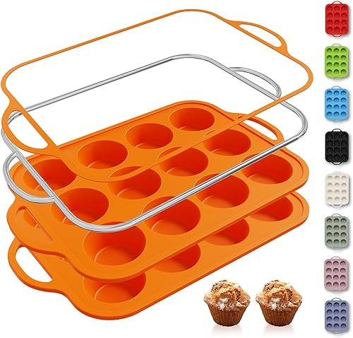 Miniatura 51 de 2 paquetes de 12 tazas de molde para magdalenas de silicona para hornear con marco reforzado de metal, molde para cupcakes de tamaño regular, molde