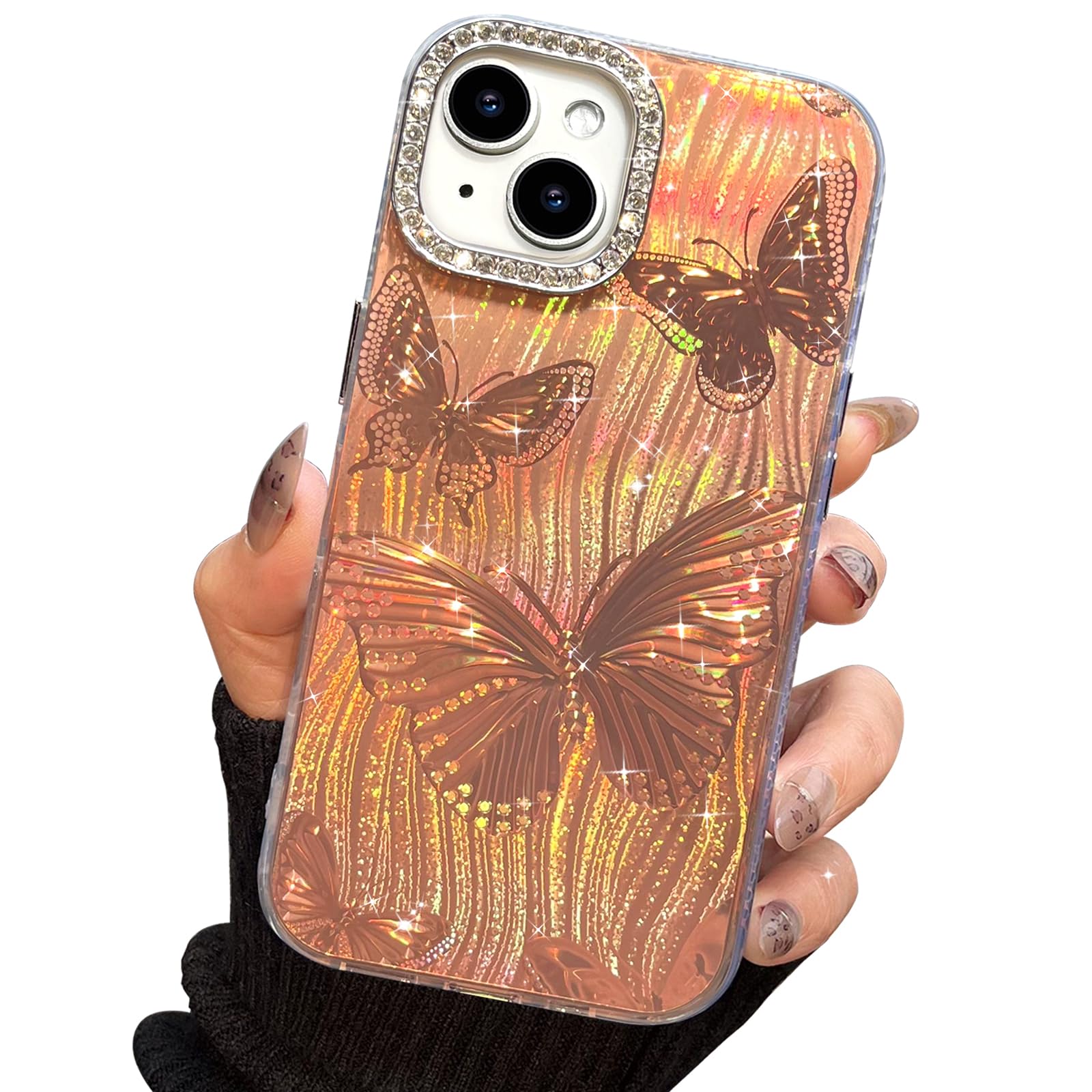 I-MGAE-IN-AR Compact Case for iPhone 14 Plus Butterfly Design,3D Diamond Camera Lens Protection Frame,Cute Soft Slim TPU Shockproof Protective Phone