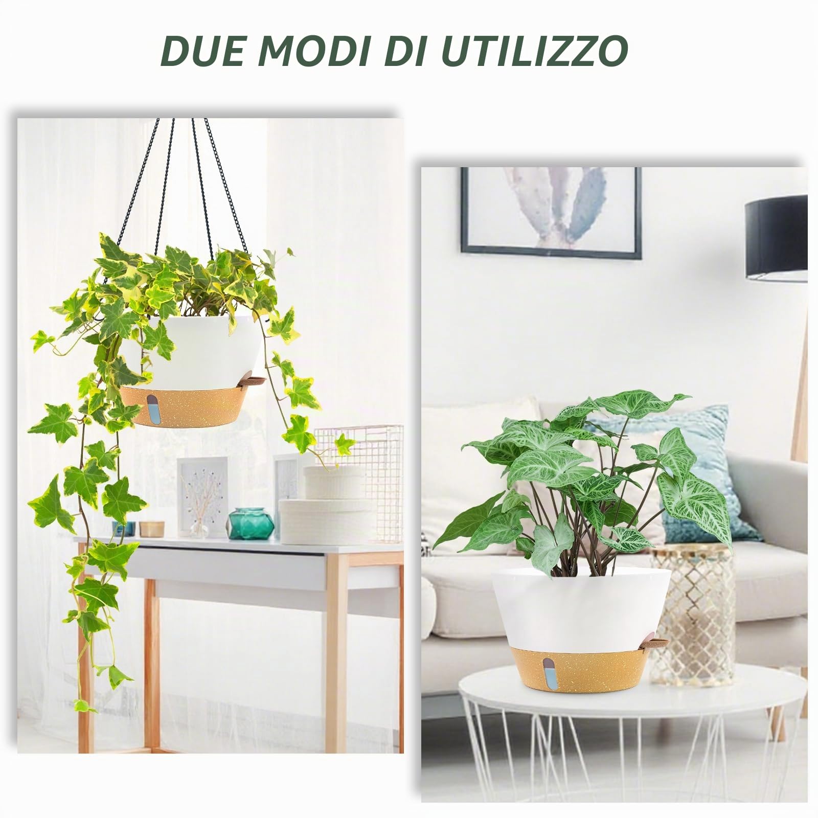 ZMTECH Vasi Sospesi Auto-irriganti 30cm, Set di 2, con Sottovaso, Indicatore di Livello Acqua e Fori di Drenaggio per Piante da Interno ed Esterno, Bianco