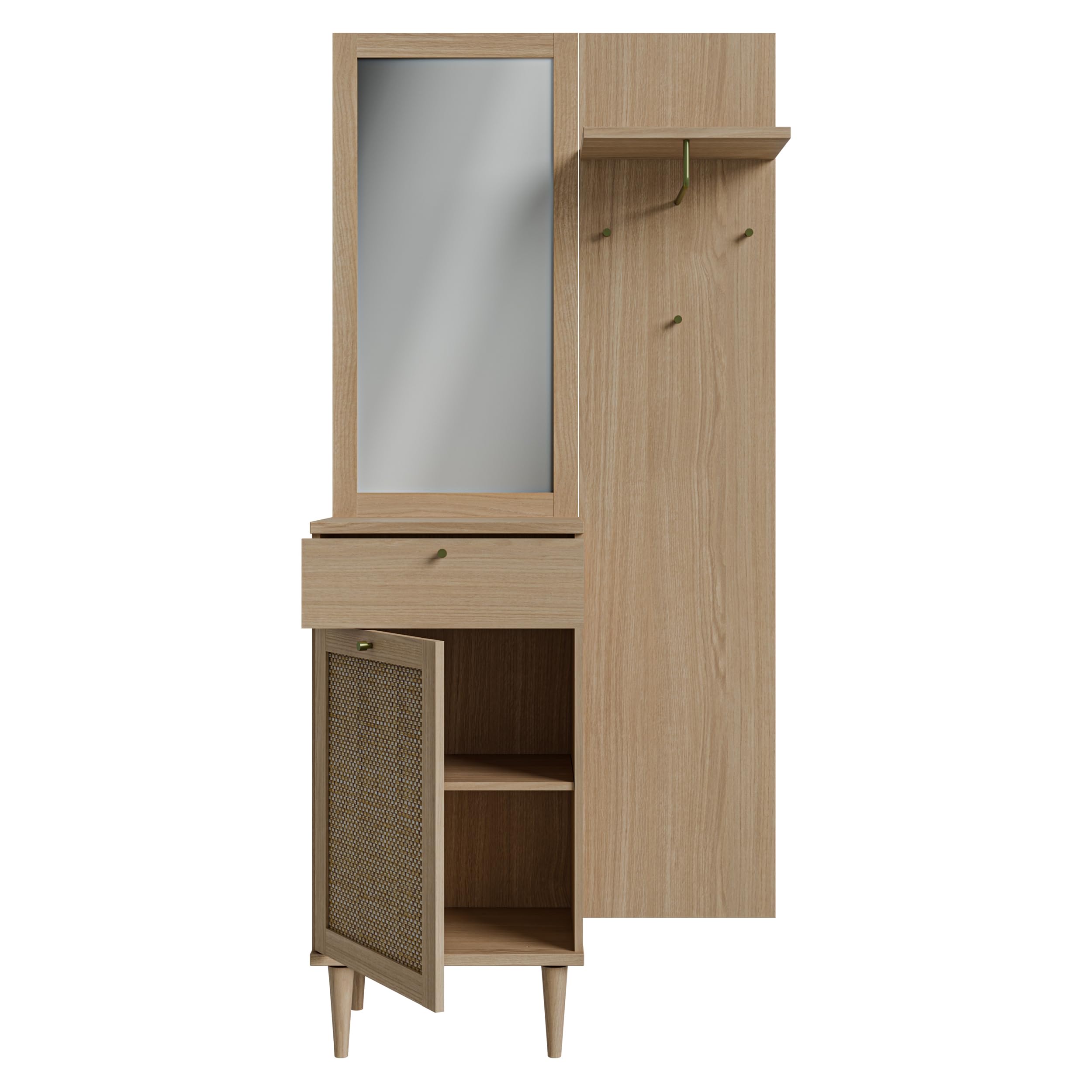 Forte CALASETTA Garderobe 90, 1 Schubladen, 1 Tür, mit Spiegel, Kleiderstange und Ablageflächen, Holzwerkstoff, Elegancia Eiche Holzdekor | Technorattan, 90,4 cm breit x 198 cm hoch x 41,4 cm tief