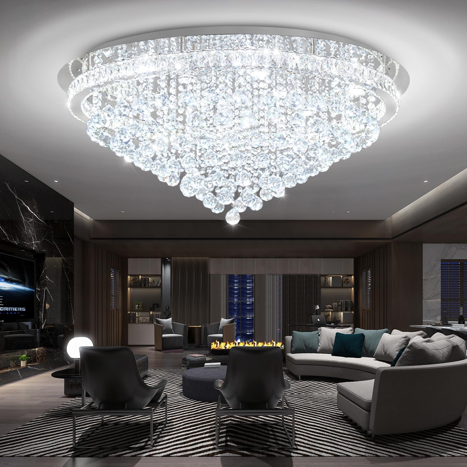 Dia 40" Modern Crystal Chandeliers for Living Room,Silver Large Chandelier Flush Mount Chandeliers for Bedrooms Dining Room Dimmable 2700k 4500k 6000k