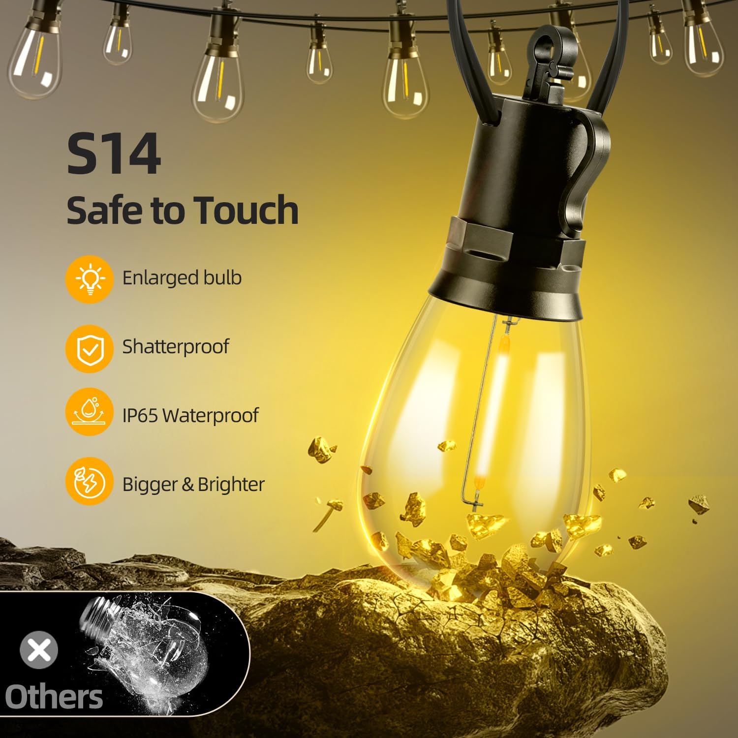 Solar Lights Outdoor Patio Lights: S14 30M 100FT Solar Powered Remote Control 3 Light Modes Dimmable Solar Waterproof Light - Shatterproof Bulbs - Camping Backyard Garden Deck Outside Yard