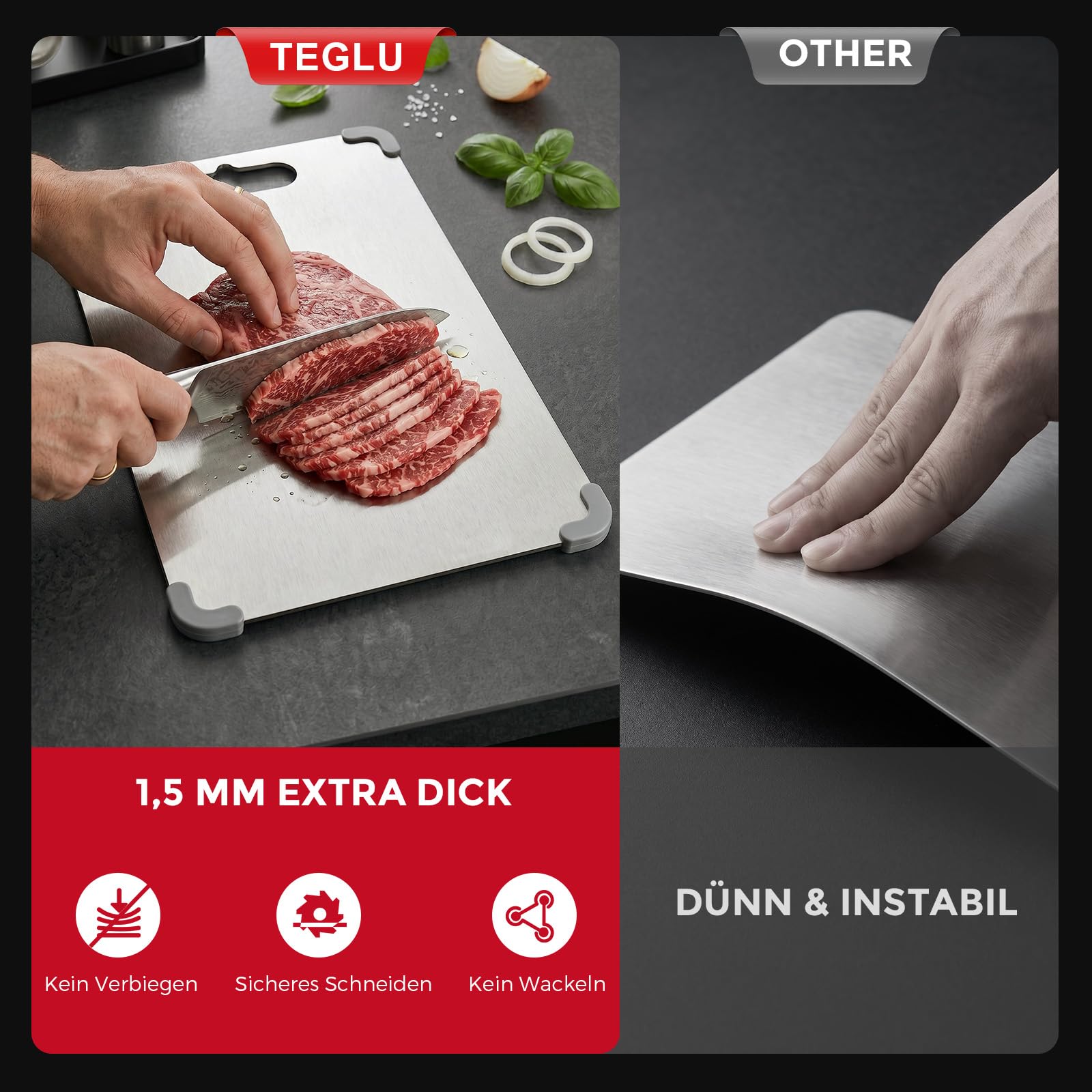 Deska do krojenia ze stali nierdzewnej, 1,5 mm, ekstra gruba, 304, przeznaczona do kontaktu z żywnością, tytanowa deska do krojenia, antybakteryjna i bez mikroplastiku, antypoślizgowa, z silikonową