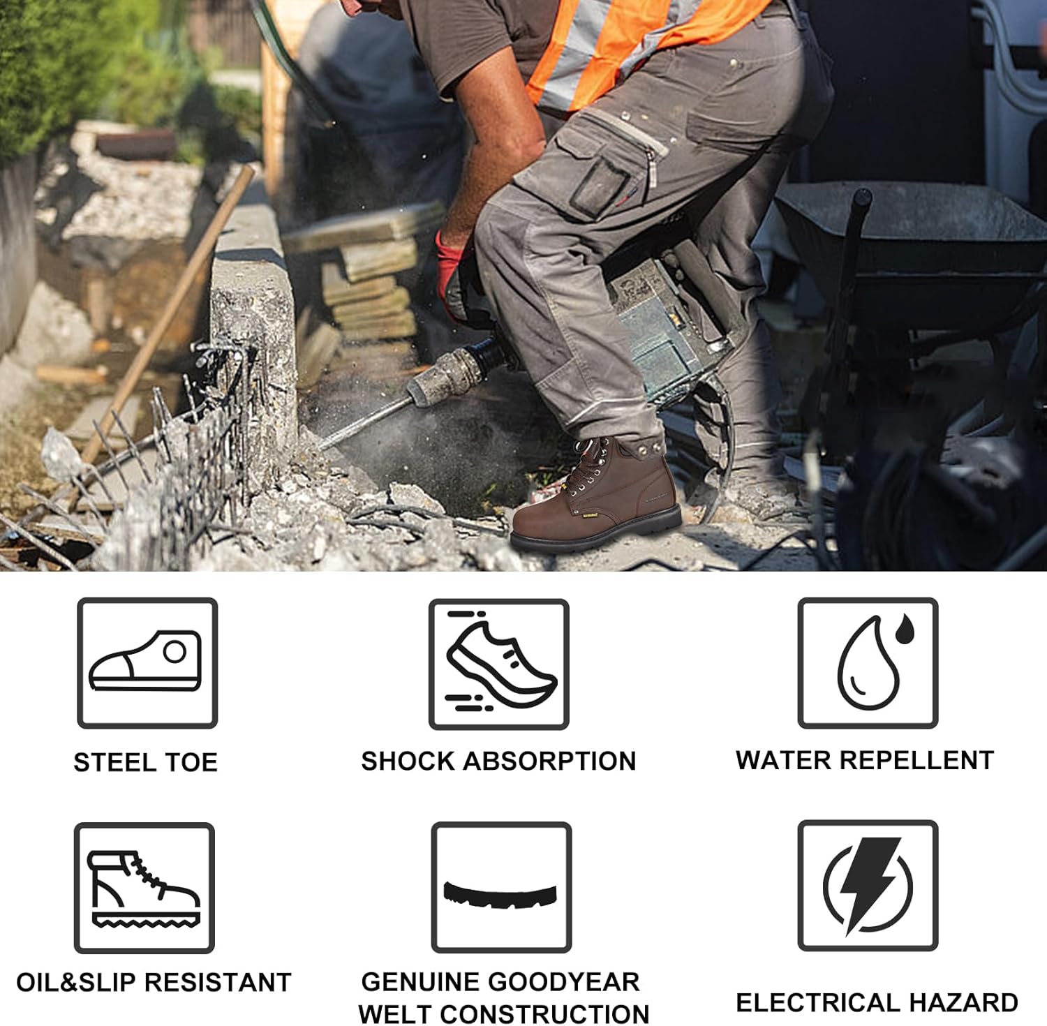 Work Boots for Men, Steel Toe, Leather, Oil, Slip and Heat Resistant Heavy Duty Wide Industrial & Construction Safety Boots, US 7-17 M & W - Image 2