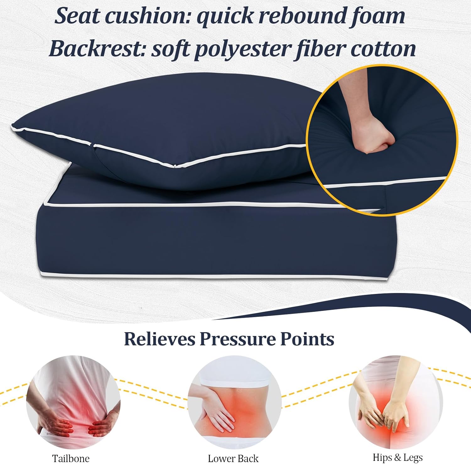 28.5x28.5“ Outdoor Deep Seat Cushions Set of 2, Patio Replacement Foam Cushions for Outside Furniture, Waterproof & Fade Resistant Patio Chair pads, Compatible 28x28”,27x27“Navy Blue&white piping