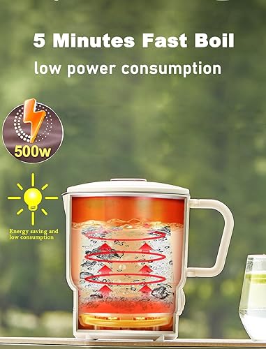 Miniatura 8 de Hervidor eléctrico de viaje de 27.1 fl oz, vaso plegable de agua caliente de 500 W, mini hervidor portátil de acero inoxidable con protección
