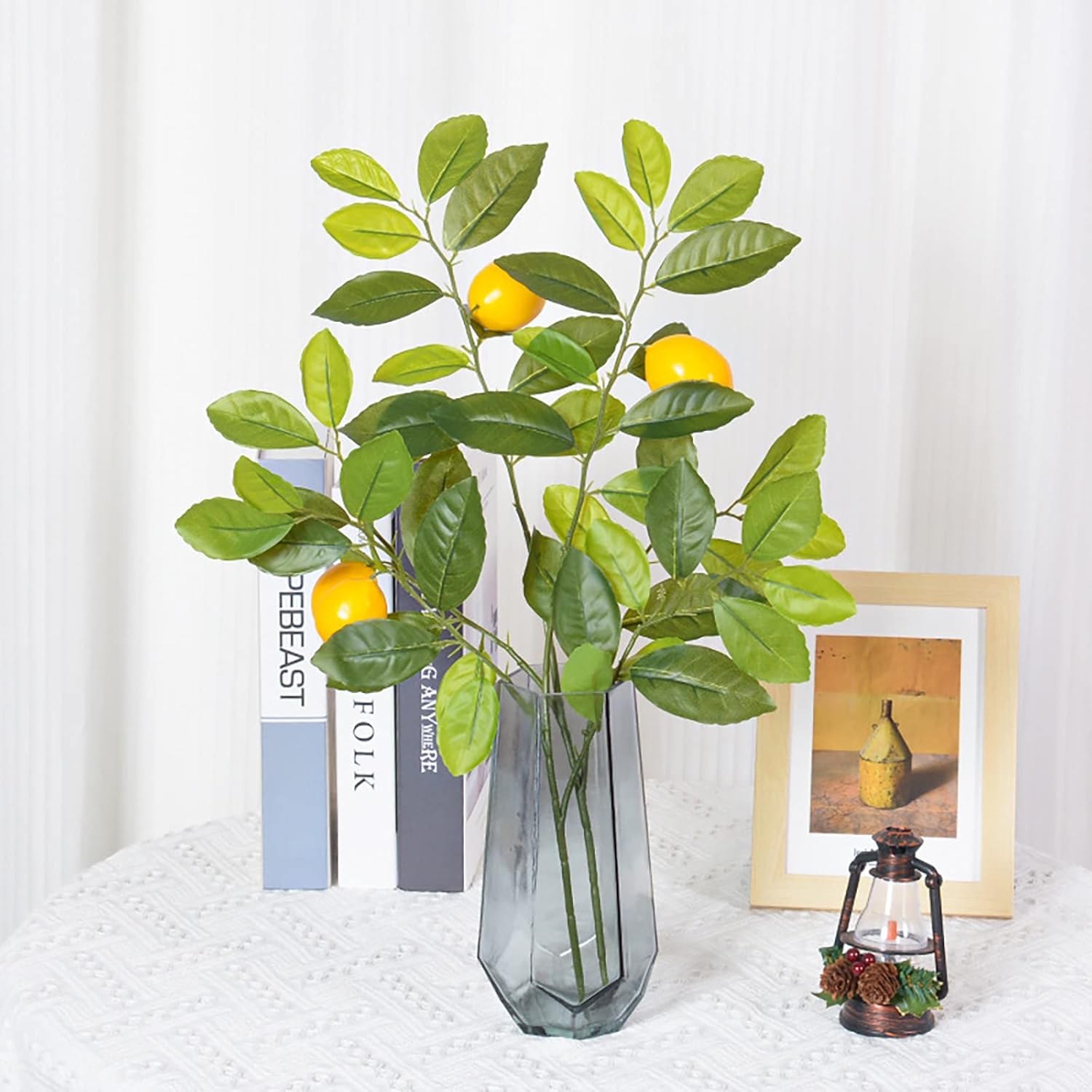 6PCS Artificial Lemon Branch, Yellow Fake Lemon Leaf Picks, Lemon Picks Spray with Green Leaves, Decorative Fruit Branch Photography Props for Home Kitchen Garden Wedding Party Table(65 cm/25.59 inch)