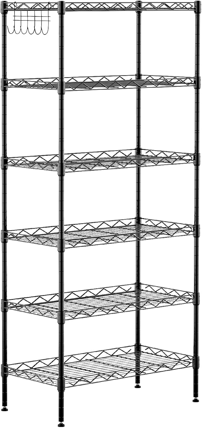 6-Shelf Shelving Storage Unit,Heavy Duty Metal Organizer Wire Rack with Leveling Feet, Stainless Side Hooks for Bathroom Kitchen Garage 750Lbs Capacity (Black)