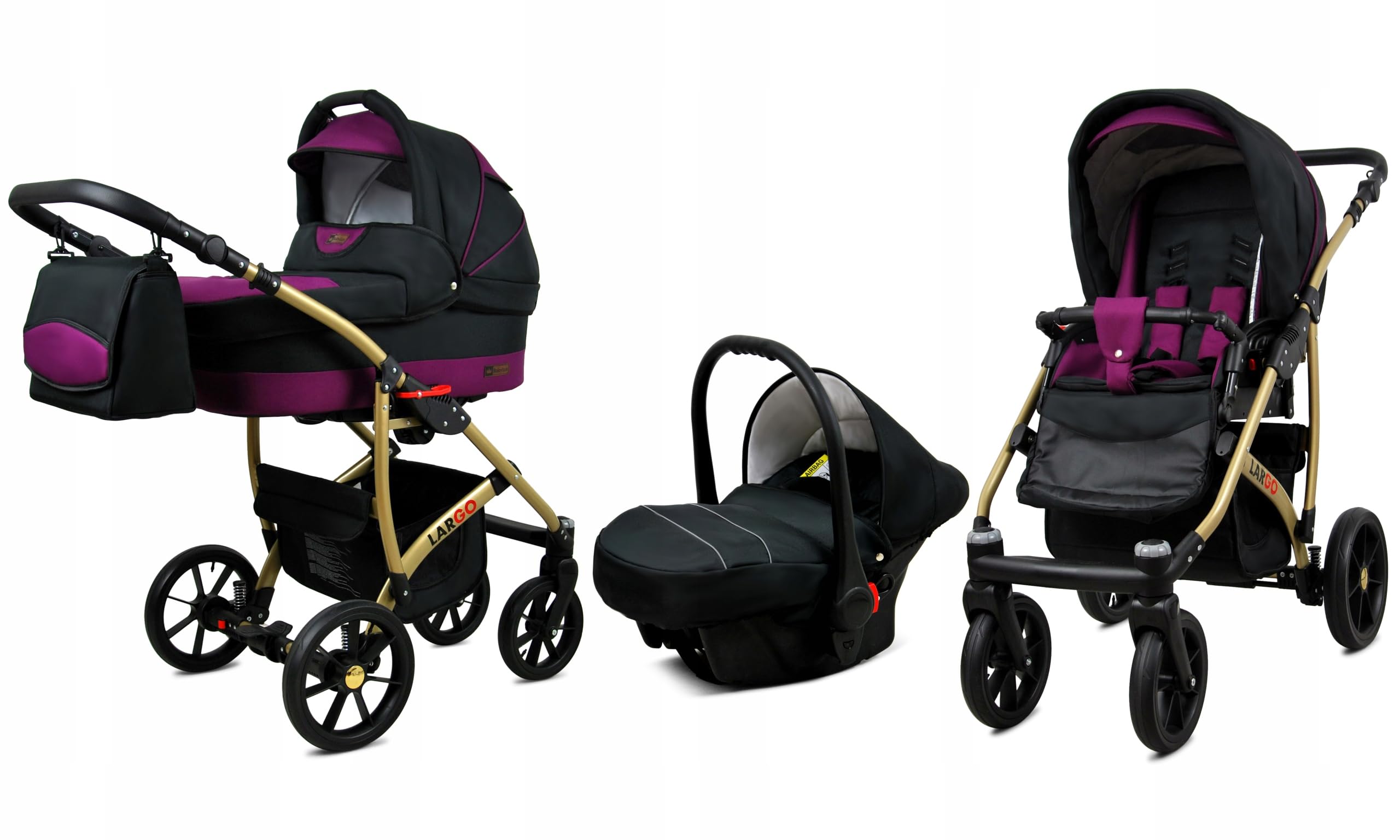 BabyLux® Enfant Poussette Combinée Set 3 en 1 - Largo - incl. Nacelle, Canne, Siège de voiture - Siège Auto - Pliable - avec Sac à langer, Habillage pluie, Moustiquaire etc.