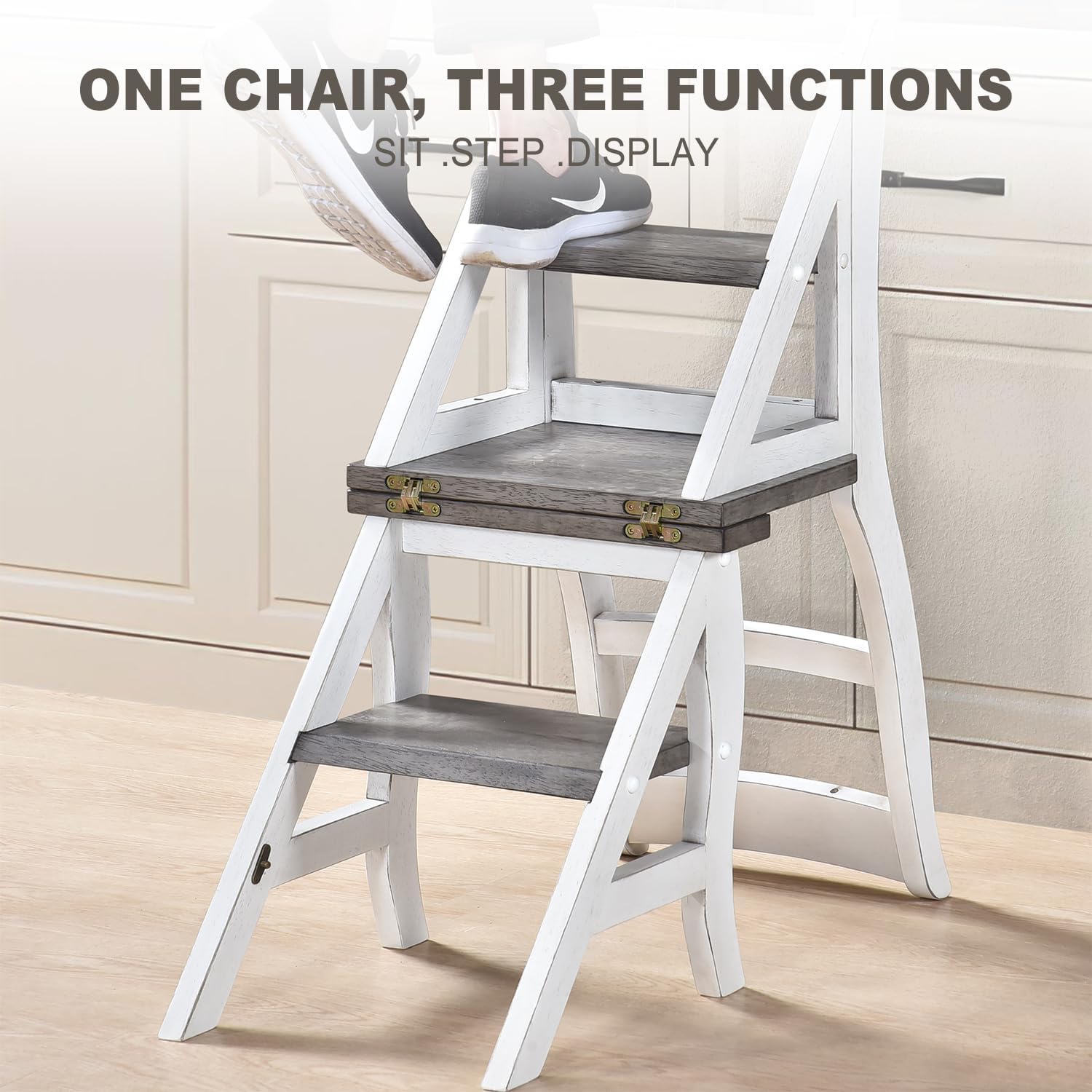 3-in-1 Wooden Folding Ladder Chair, Library Chair, Portable Multi-Function Step Stool Chairs Combo for Kitchens, Libraries, Living Rooms, or as a Decorative Plant and Display Stand