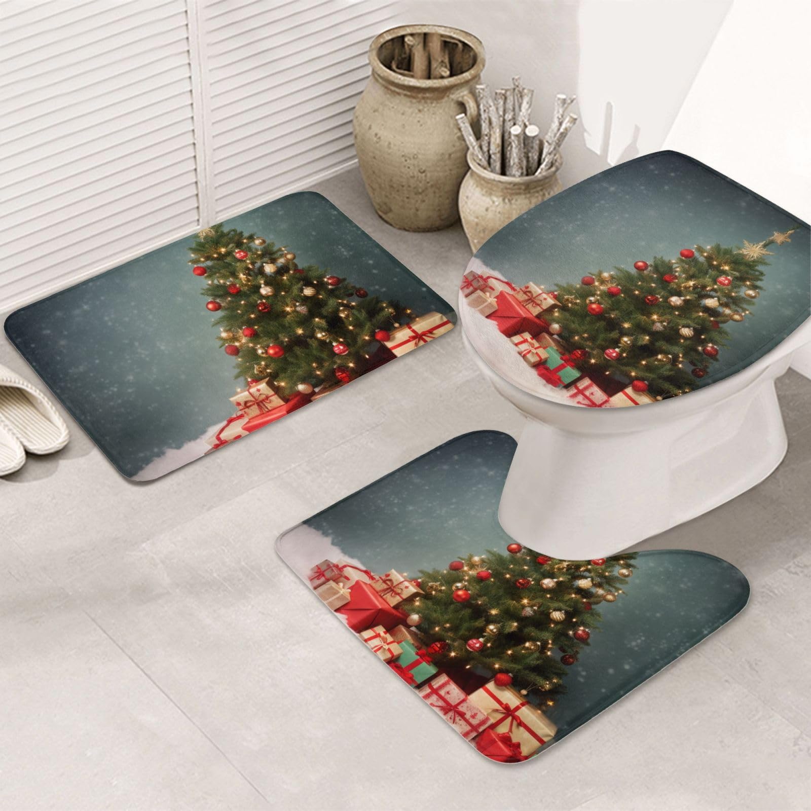 Tapis de bain Noël et ensemble WC en flanelle pour décorer votre salle de bain en fête