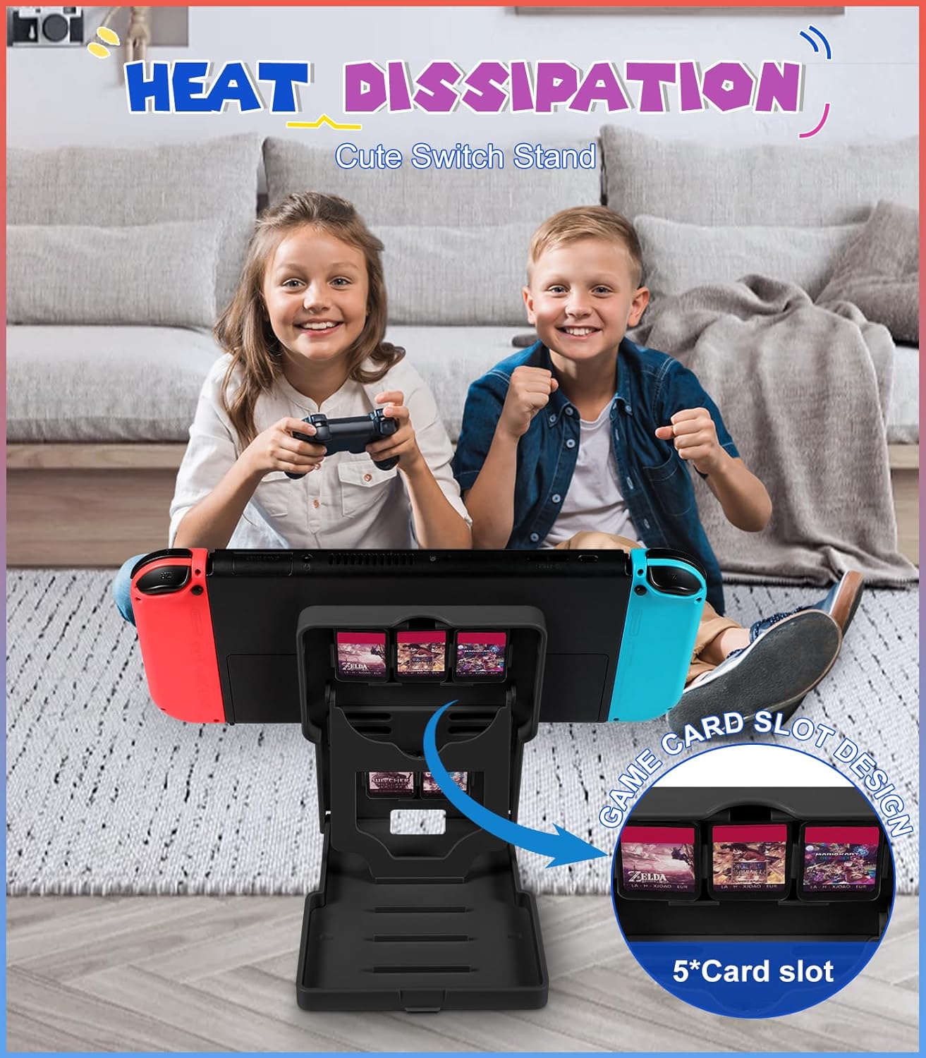Switch Stand for Nintendo Switch/OLED - Cute Holder for Women Girls Boys Kids Teens Cartoon Design Cool Phone Stand Adjustable Portable Foldable Switch Accessories, Black Red - Image 3