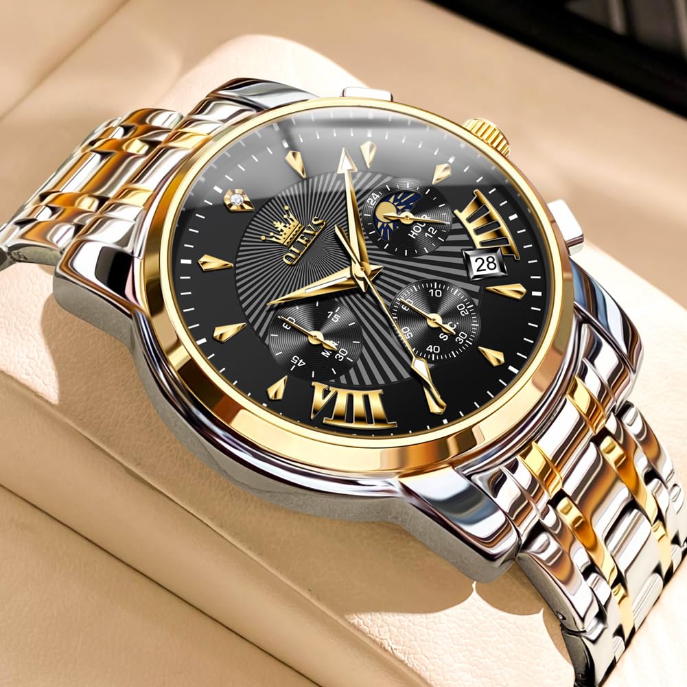 OLEVS Watches for Men Luxury Analog Quartz Big Face Stainless Steel Multifunctional Waterproof Date Two Tone Fashion Dress Wrist Watches for Man