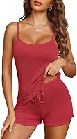 Ekouaer Women's 2-Piece Cami Shorts Pajama Set - Ultra-Soft Ribbed Lingerie Sleepwear with Adjustable Straps