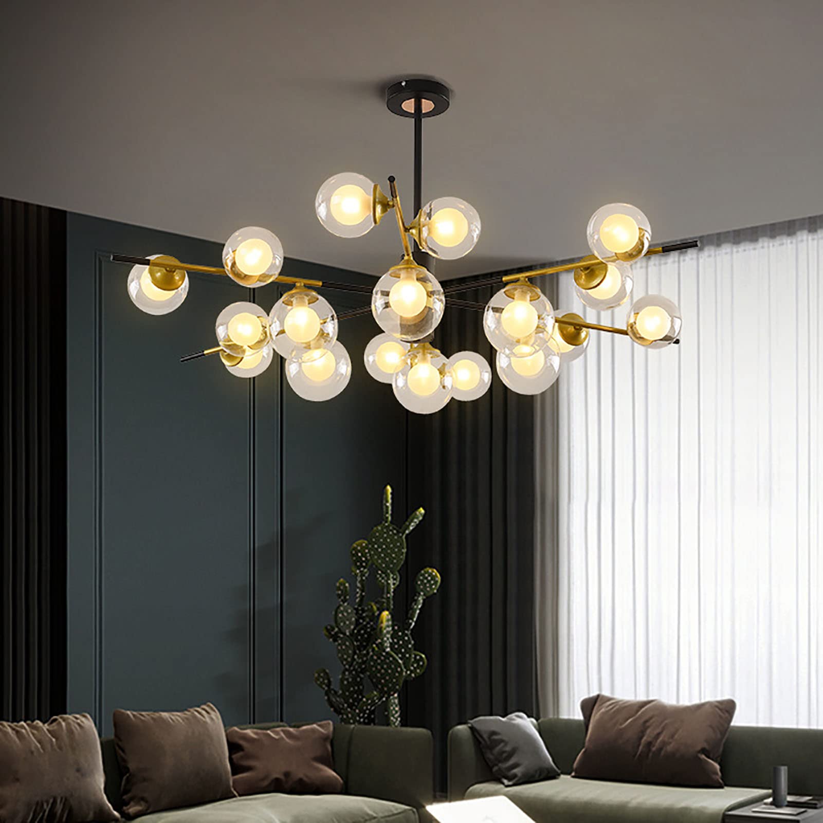 Do salonu sypialni jadalni gabinetu, E27 Europa Północna magiczna fasolka żyrandol, kreatywne oświetlenie molekuły, postmodernistyczny żyrandol ze złotymi kulami - czarny i złoty 105 * 65 cm