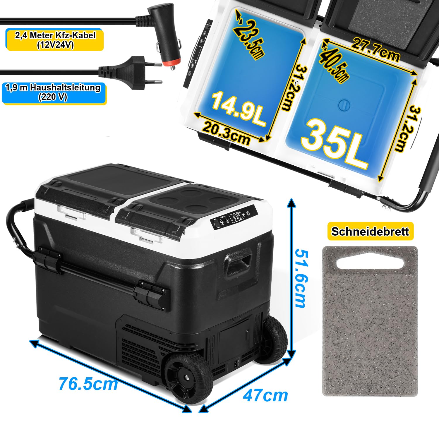 Herrselsam Kompresorowa lodówka turystyczna 50 l, lodówka samochodowa ze sterowaniem za pomocą aplikacji, 12/24 V i 100-240 V elektryczna, chłodzenie do -20 °C, do samochodu, ciężarówki, na kemping