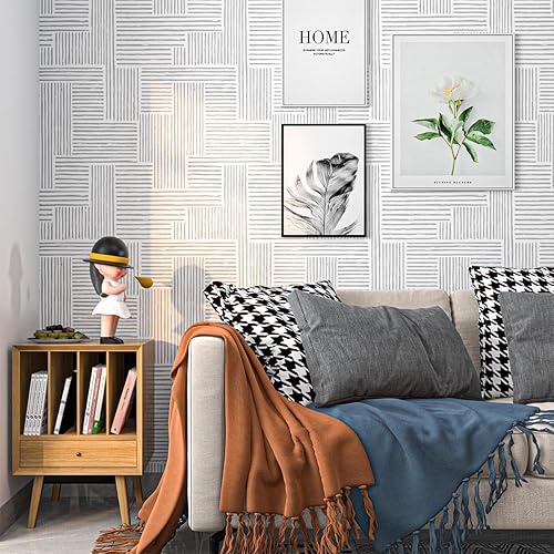 Miniatura 3 de Naphite Papel tapiz moderno de color gris para despegar y pegar, papel de contacto de línea a rayas boho para armarios, cajones, geométrico,