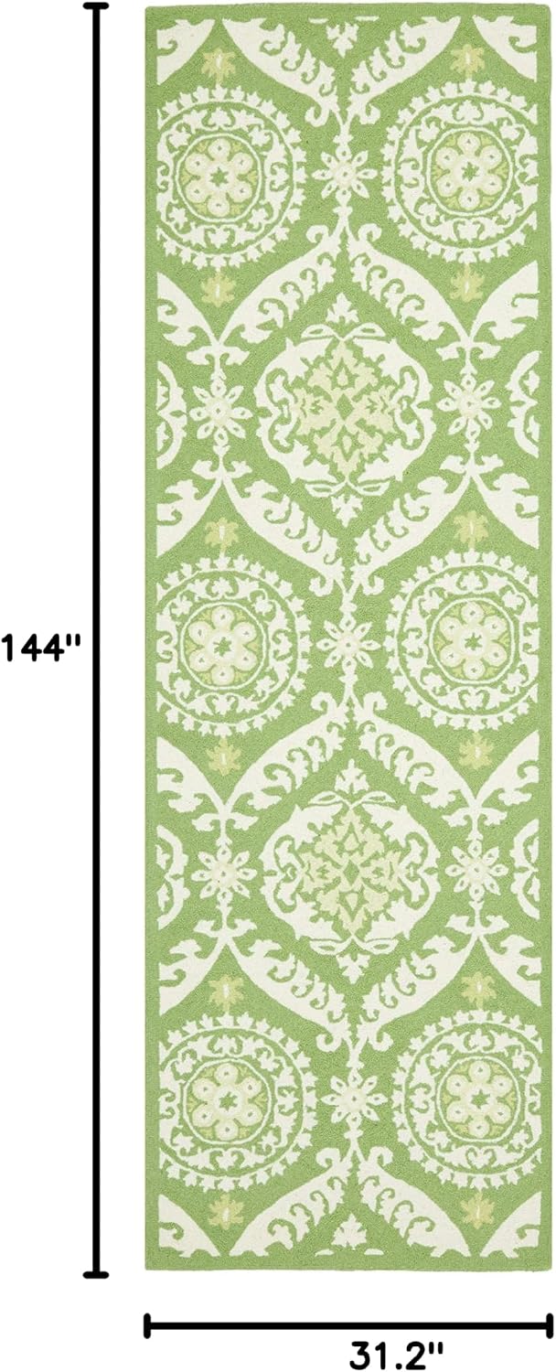 SAFAVIEH Chelsea Collection Runner Rug - 2'6" x 12', Green & Beige, Hand-Hooked French Country Wool, Ideal for High Traffic Areas in Living Room, Bedroom (HK356B)