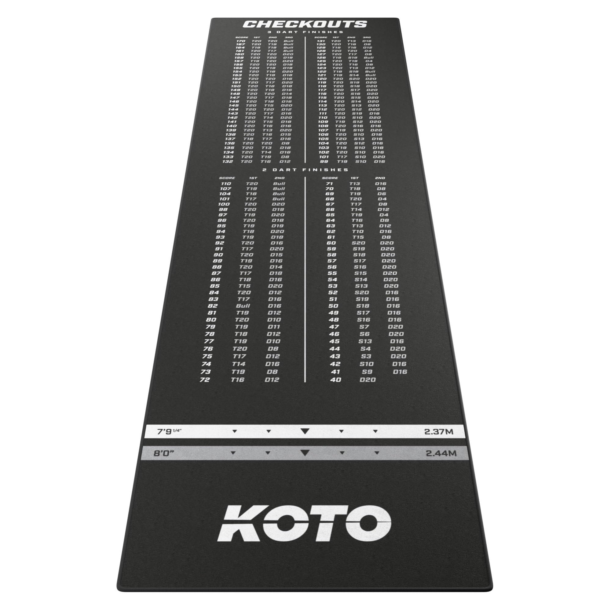 KOTO - Dartteppich Carpet Checkout Schwarz, 285x80cm Dartmatte, Schutz Bodens & Dartpfeile, Mit Score-Indikation + Oche