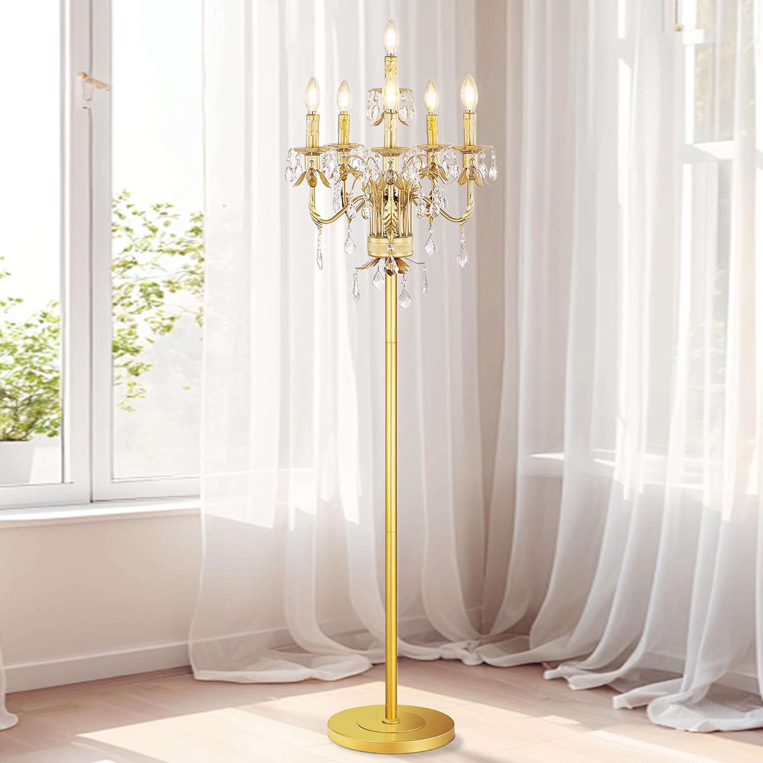 Wellmet Gold Floor Lamp for Living Room Corner, 6 Lights Farmhouse Standing Lamp, Tall Crystal Floor Lamp with Foot Switch for Office, Reading Room, Bedroom (E12 Base)