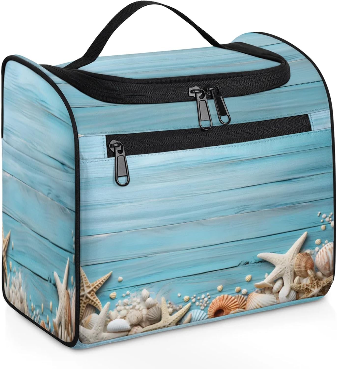 cfpolar Toiletry Bag for Women, Wooden Beach Seashells Hanging Travel Toiletry Bag, Water-resistant Cosmetic Makeup Organizer for Toiletries and Cosmetics, Bathroom Shower Bag with Handle and Hook