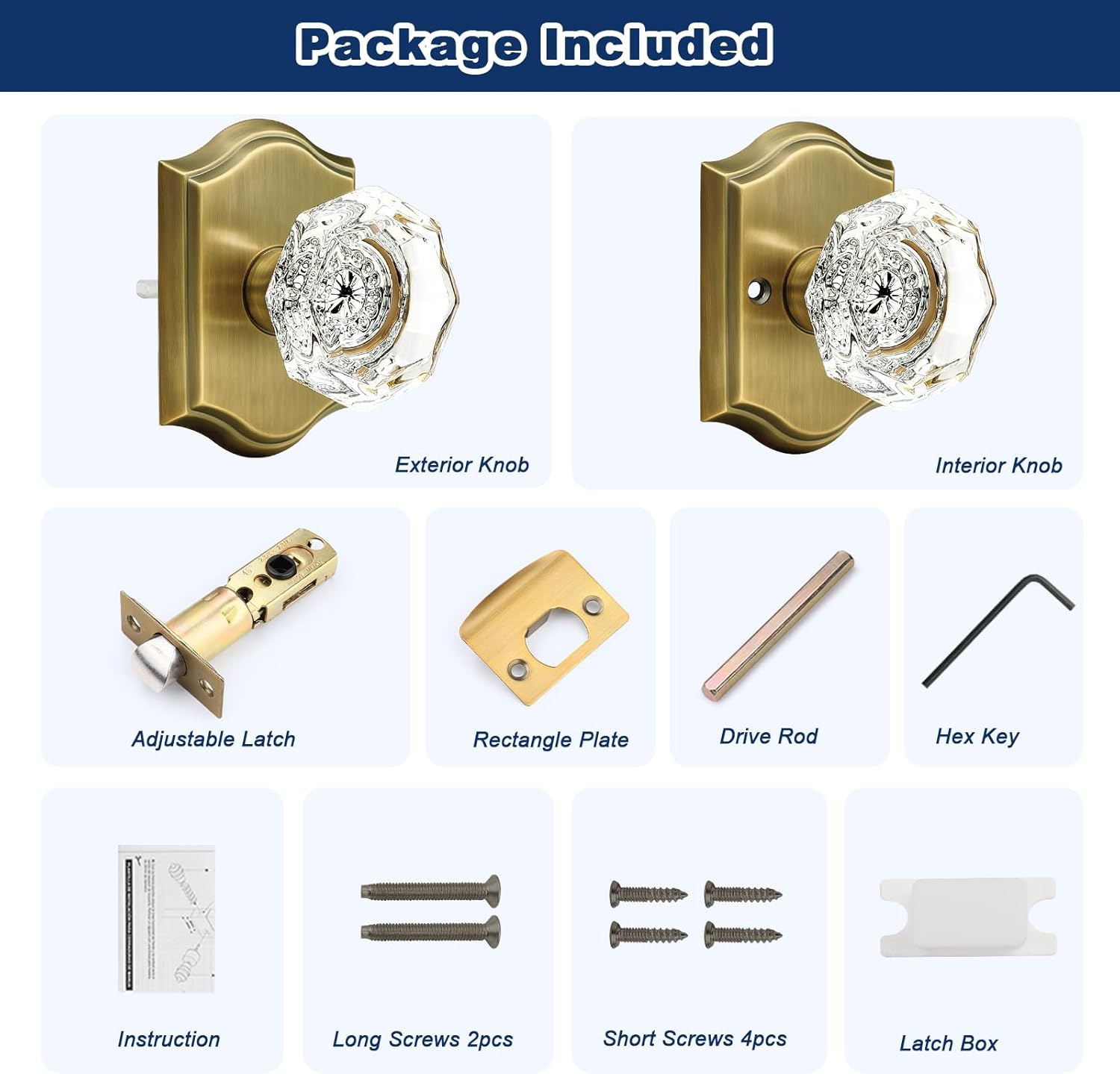 Orger Passage Door Knobs for Hallway and Closet, Glass Door Handles with Non-Locking Latch, Octagonal Clear Crystal Door Knobs 2 Pack, Antique Bronze Vintage Rosette with Heavy Duty Crystal