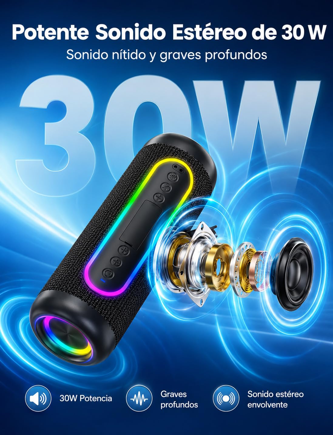 UOHHBOE Altavoz Bluetooth Portátil 30W, Sonido 360° y Graves Potentes | Bluetooth 5.4, Batería Hasta 30H, IPX5 Resistente al Agua, TWS Estéreo y Luces RGB para Fiestas, Playa y Camping