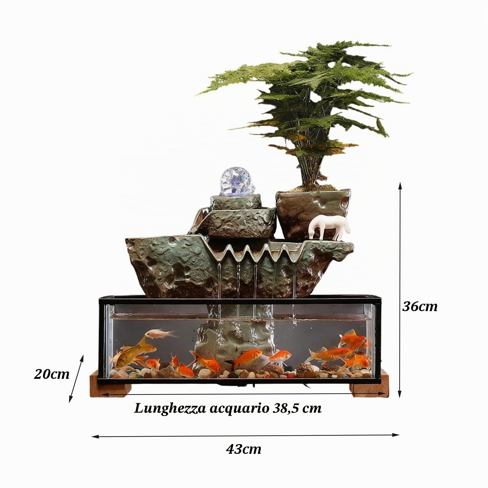 Fontana d'acqua da tavolo con ciotola per pesci e base in legno, relax zen per interni per casa e ufficio