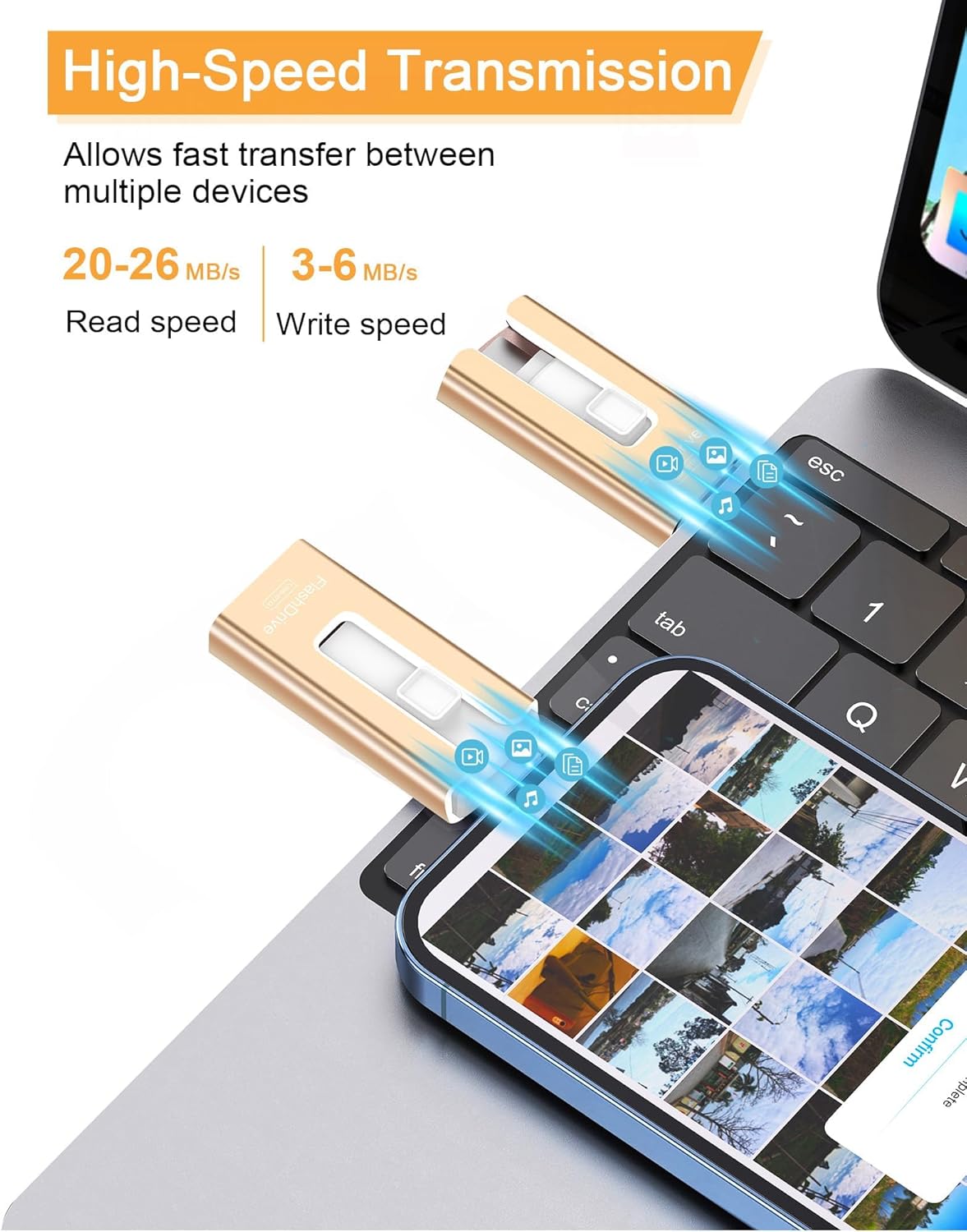 GNASEET 256GB USB Flash Drive for Phone and Pad, Photo Stick High Speed External USB Thumb Drives Photo Storage Memory Stick for Save More Photos and Videos (Gold, 256GB)