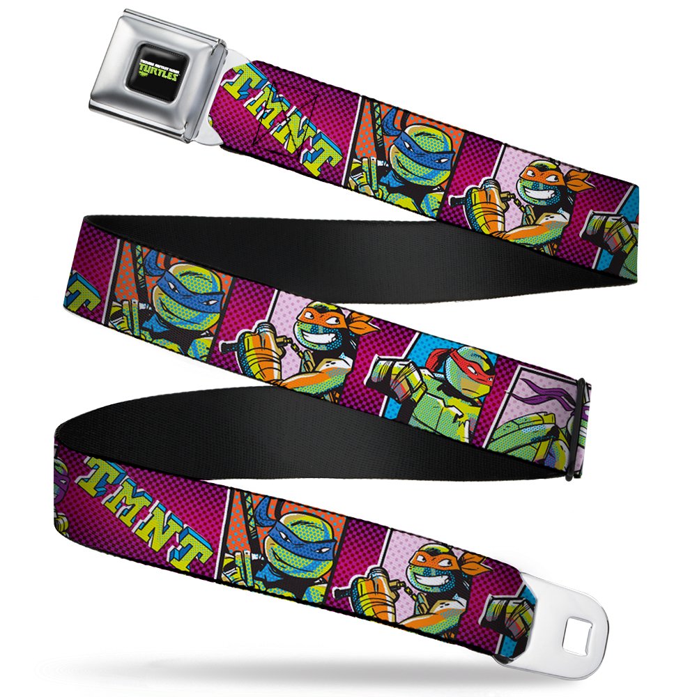 Buckle-Down Seatbelt Belt - New Series TMNT/Turtles Pop Art Pose2 Blocks Pink-Purple/Multi Color - 1.5" Wide - 24-38 Inches in Length