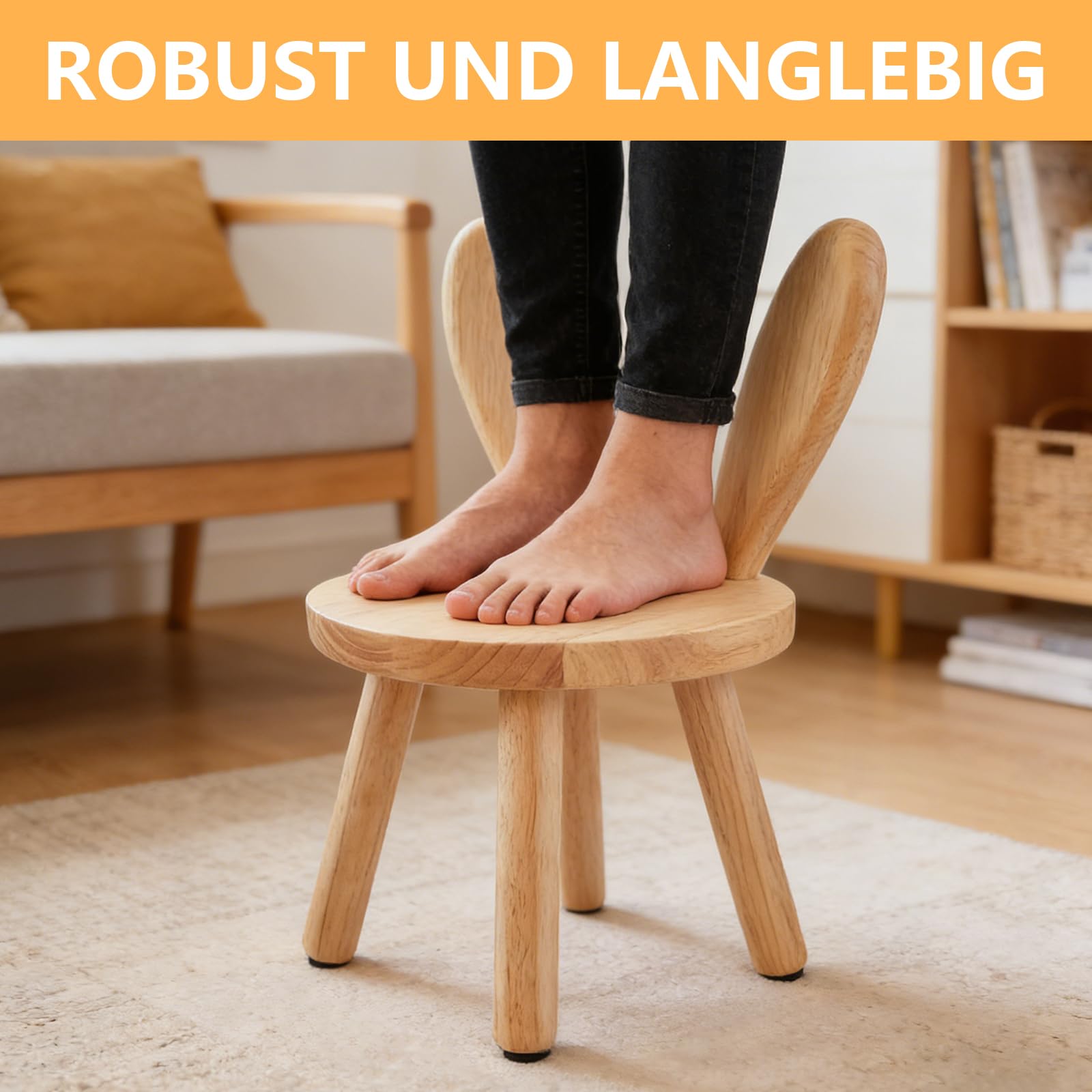 Kinderstuhl Holz, 43 x Ø 26 cm Massivholz Kinderstühle mit Hasenohren Rückenlehne, Kinderhocker für Kinder ab 2 Jahr Essen Malen Spielen