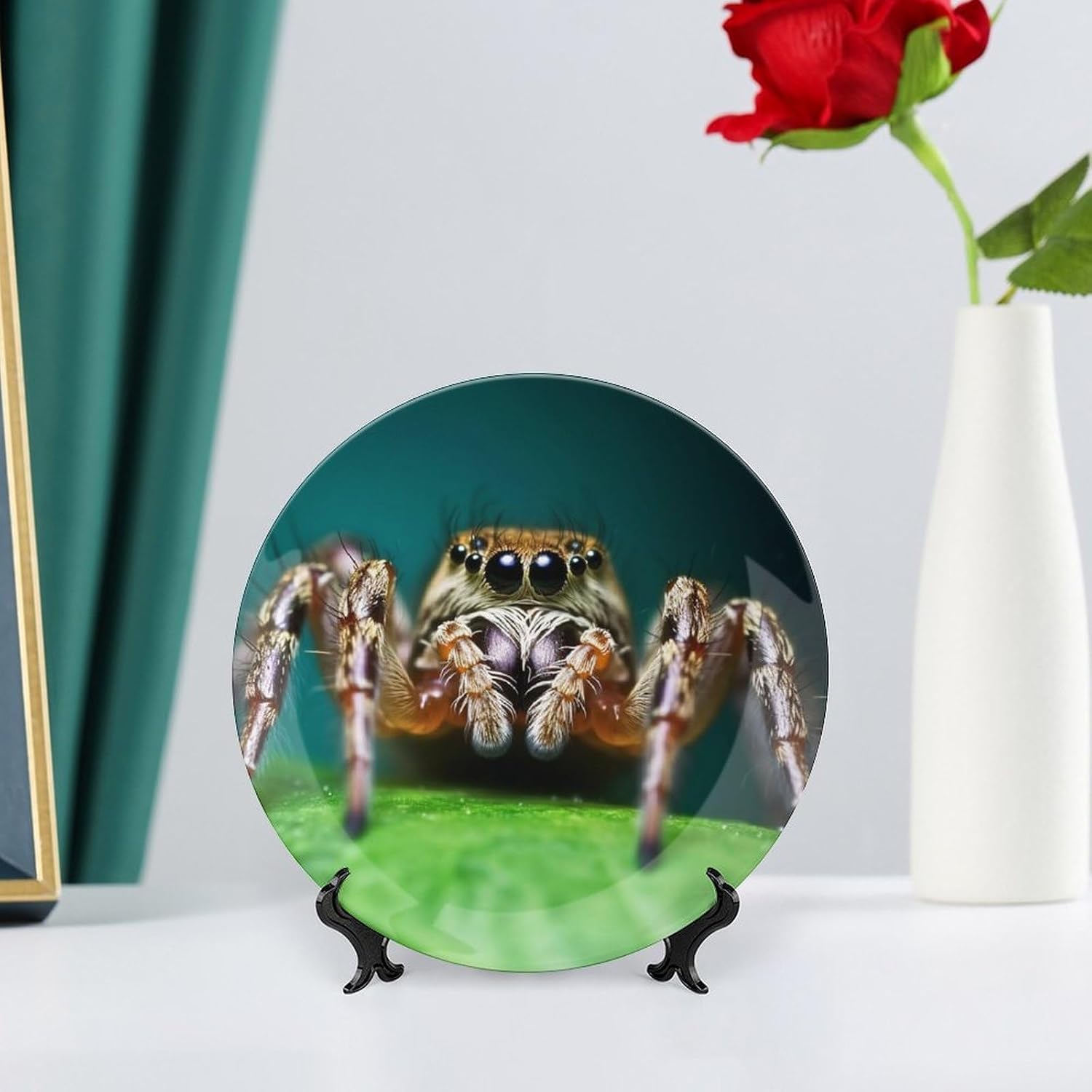 Wildlife Spider Ceramic Decorative Plate for Home, Bone China Plates | Chinese Style Decorative Dish with Stand, Dinner Plates Art Crafts for Wall Decor, Collections Plate with Hook 7inch