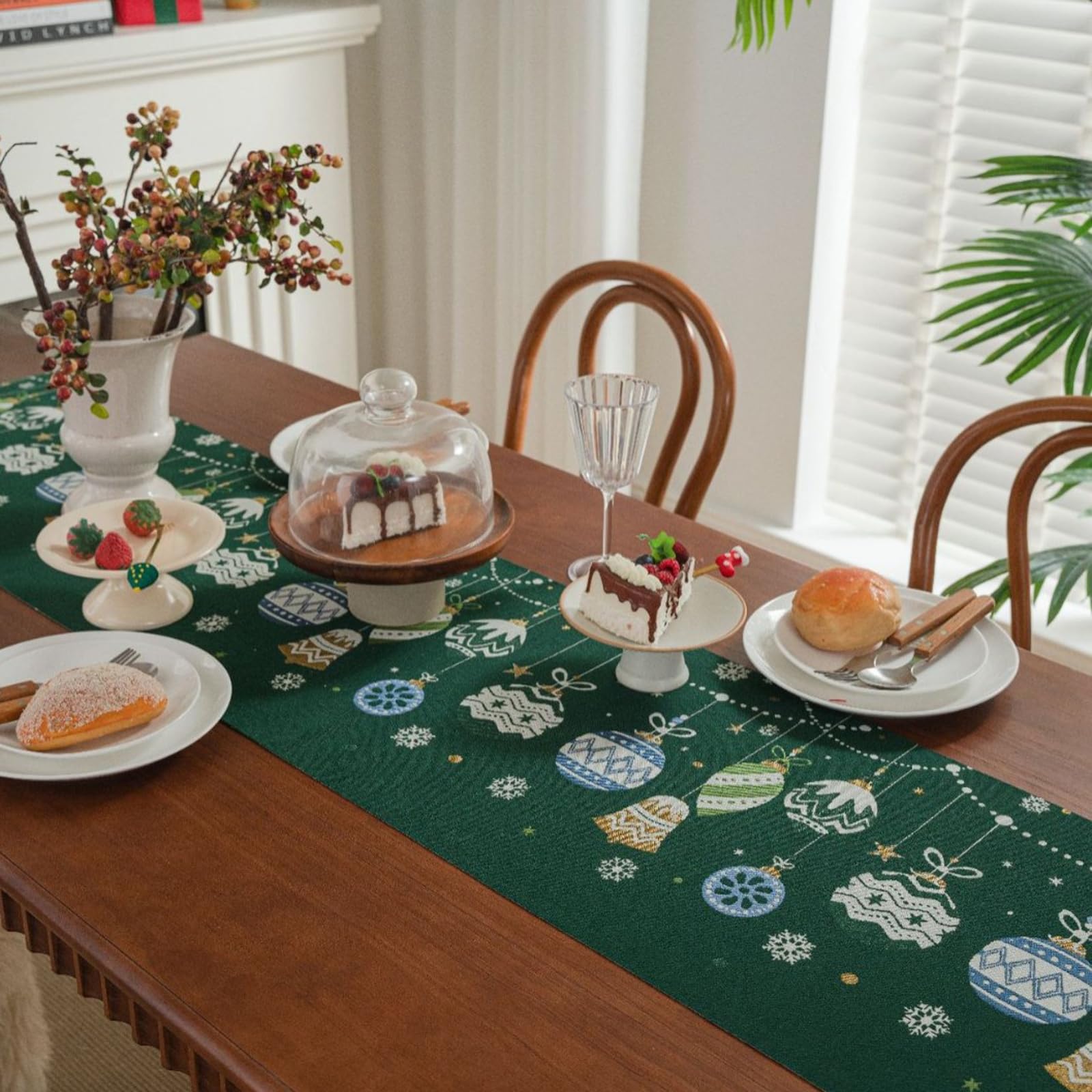 Runner da Tavolo Poliestere 35x275 cm, Runner da Tavola Moderno Lavabile Motivo Palline di Natalizio Jacquard con Nappe Decorazioni Matrimonio Tavoli per Cucina, Verde