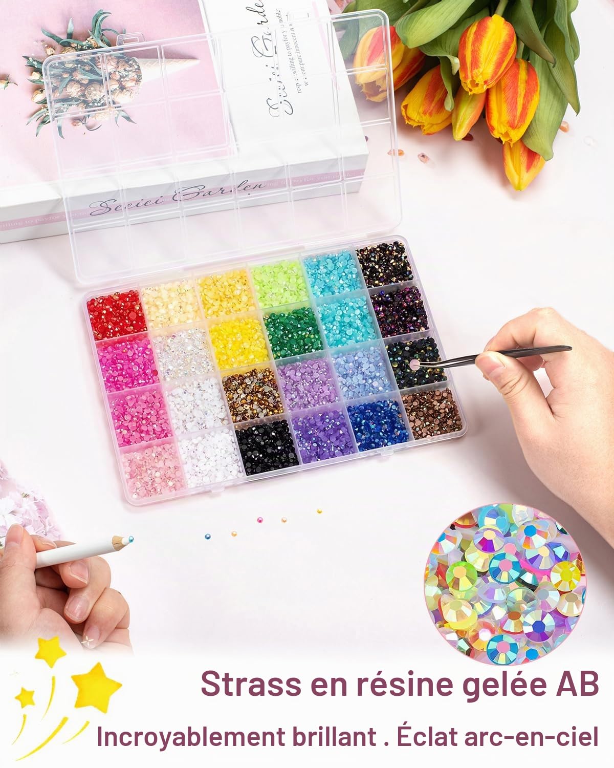 Vinuwu 24 Couleurs Strass, 30000+Pcs 3mm Flatback Bedazzling Kit avec Pince et Stylo, AB Strass a Coller DIY pour Ongles Deco Nail Art Vêtements Chaussures (Colle requise, non incluse)