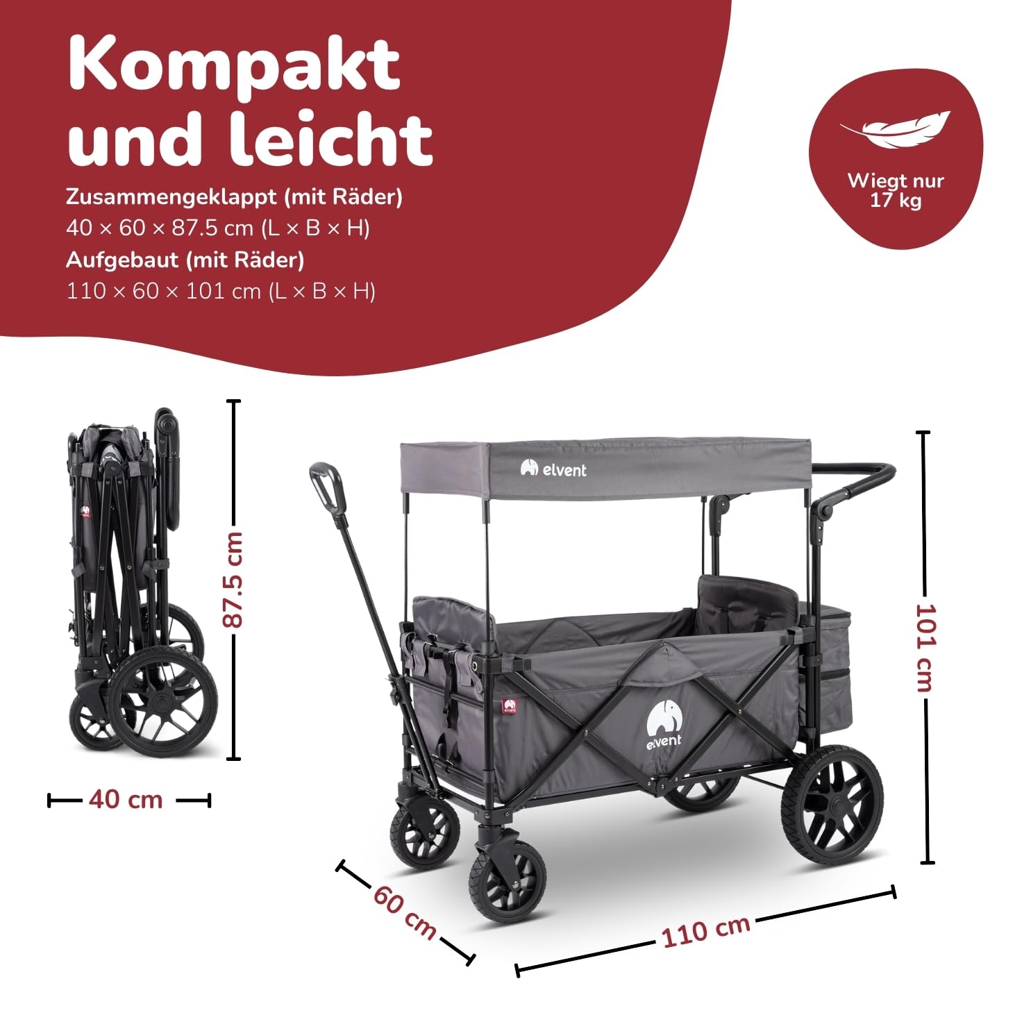 elvent® SmartCruiser Premium Bollerwagen - Handwagen faltbar mit Dach I Sitzpolster, Hecktasche, Feststellbremse, Off-Road-Reifen, 5-Punkt-Gurt I für 2 Kinder | Teleskop-Zugstange (Grau)