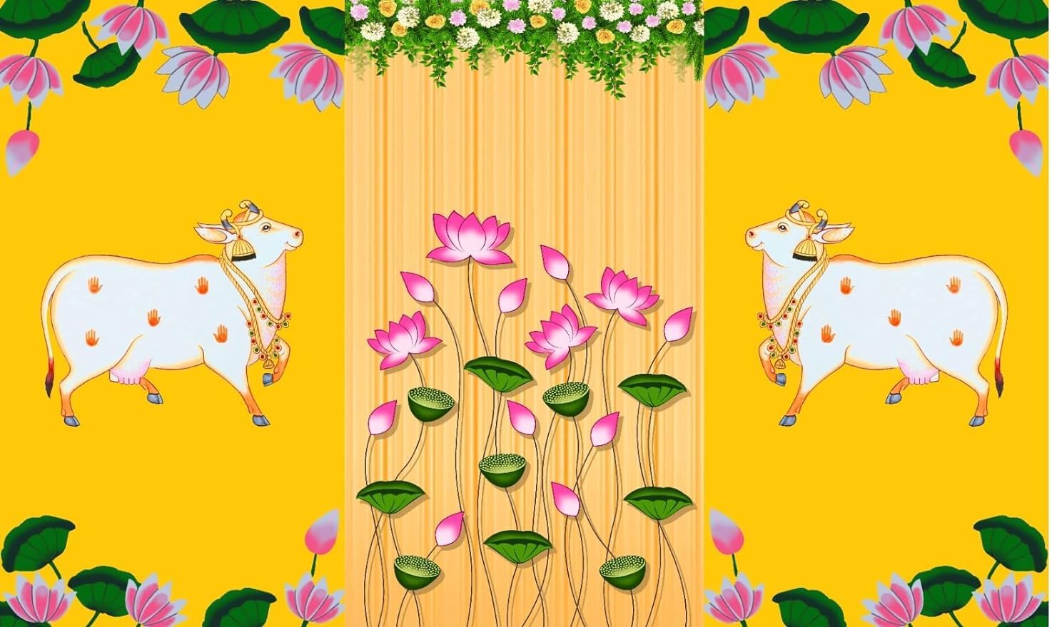 Decorative Ganersha Backdrop (Size:-96" Inches X 60" Inches) (Cow & lotus - 1)