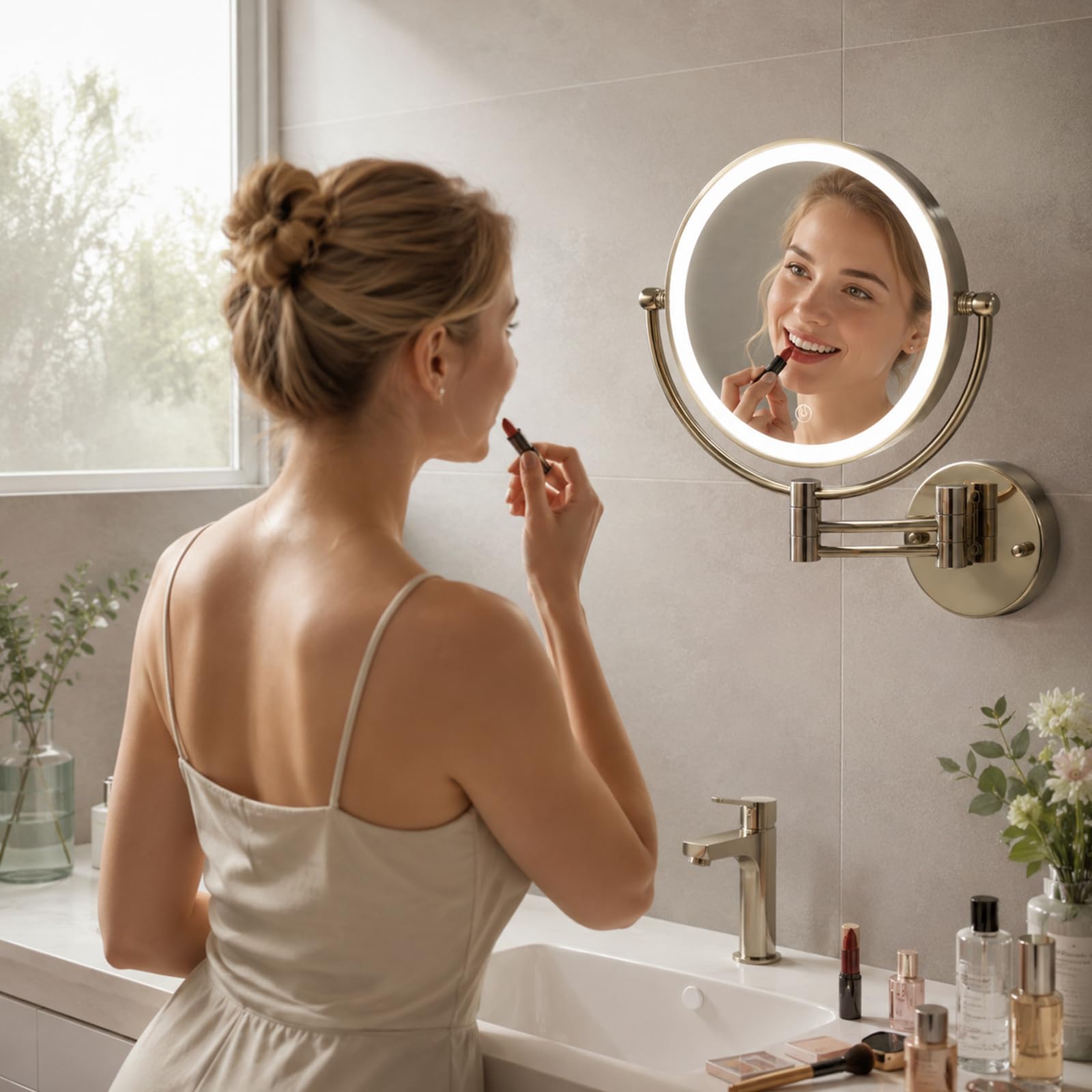 Miroir grossissant de salle de bain avec lumière LED 3 modes et bouton tactile
