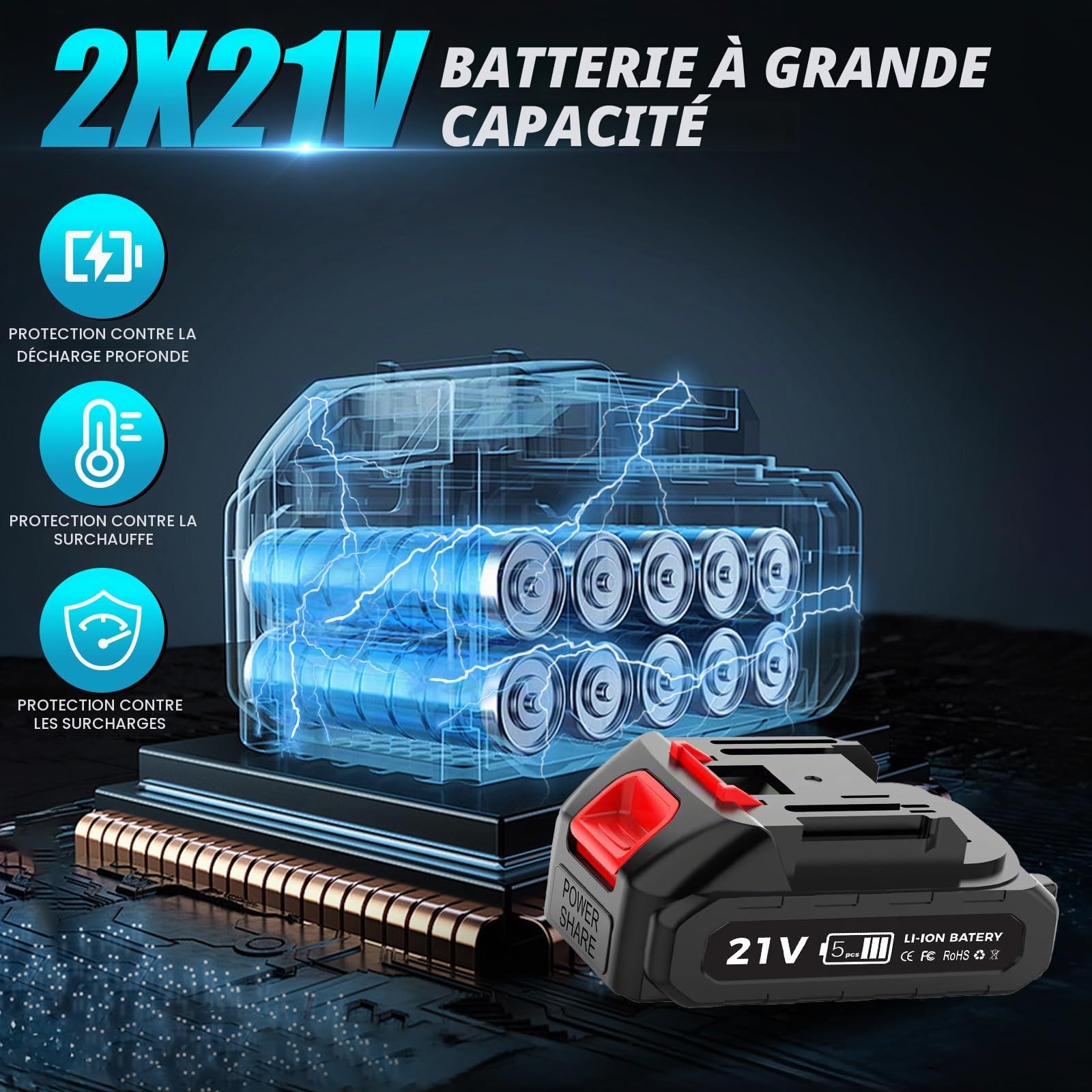 Tondeuse Électrique sans Fil avec 8 Têtes Interchangeables + 2 Batteries 2600 mAh, Réglage 5 Vitesses, Débroussailleuse, Désherbeur, Coupe-Bordure et Tonte pour Jardin