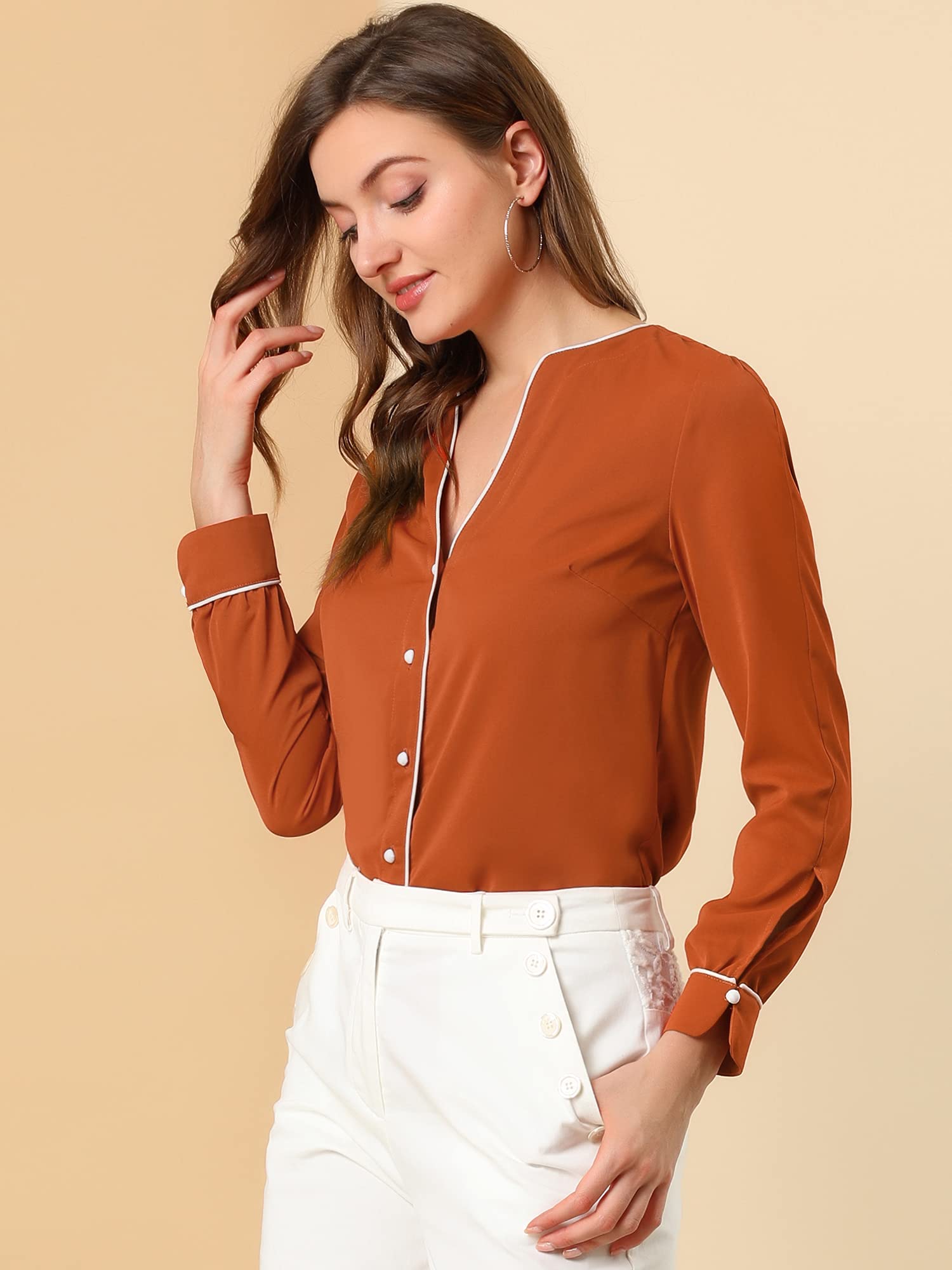 Allegra K Femme Blouse Col V Contrast Piped Manches Longues Boutonnée | Boutonnée devant Galon Contrasté Tissu Texturé Non Doublée Style Facile avec Jean ou Tenue de Soirée