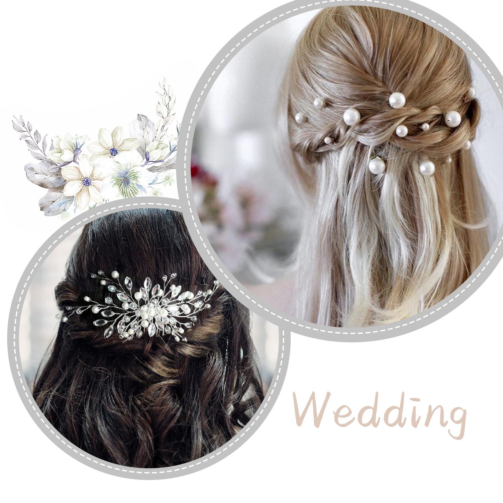 Haarkamm Hochzeit und 8 Stück Haarspange Perlen, Braut Haarschmuck Hochzeit Silber, Kristall Haarschmuck Blumen, Brautschmuck Haare, Haarnadeln Hochzeit