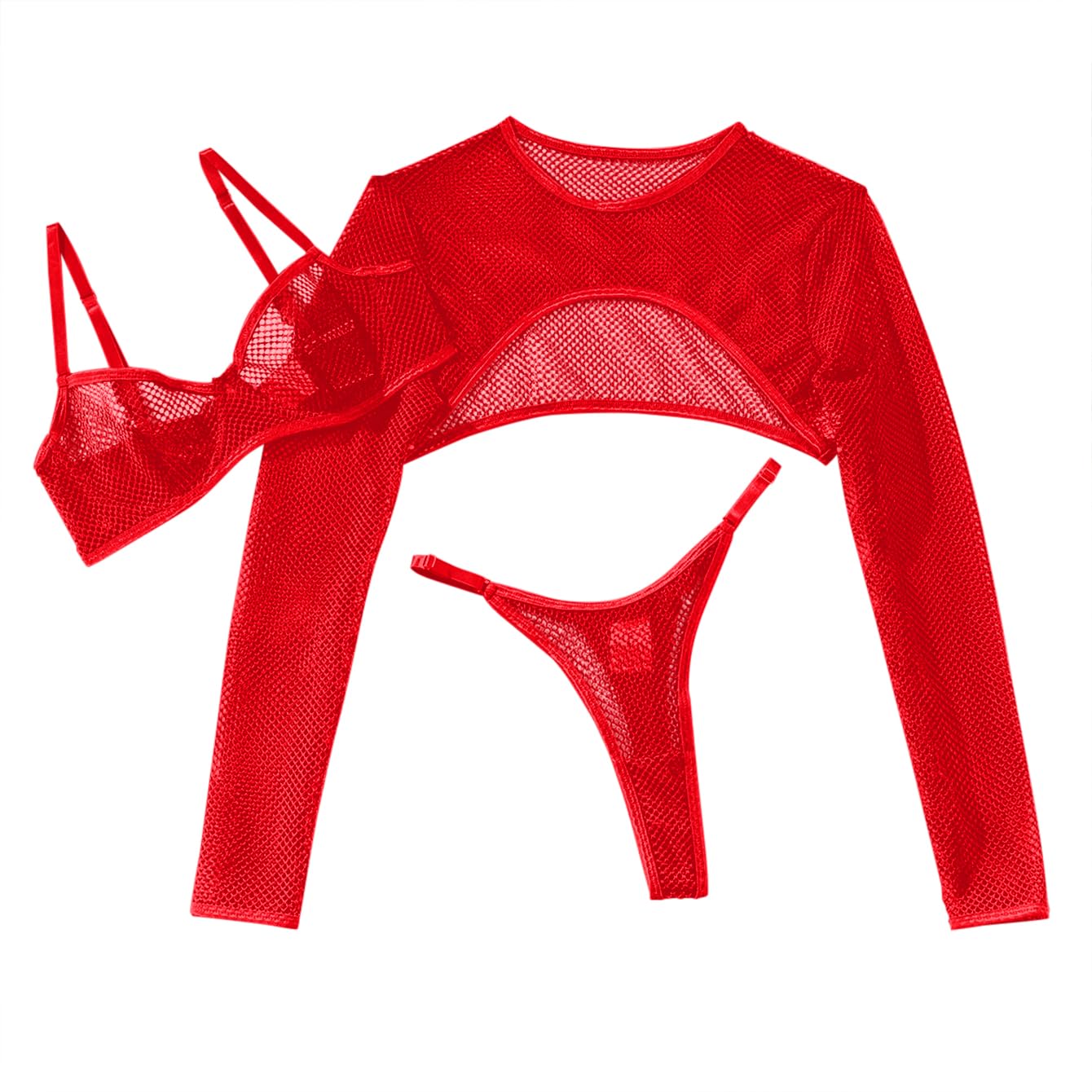 Lilosy Sexy Fishnet Sheer Underwire Rave Outfits Top Bra Panty 3 Piece Lingerie Set: Small Red
