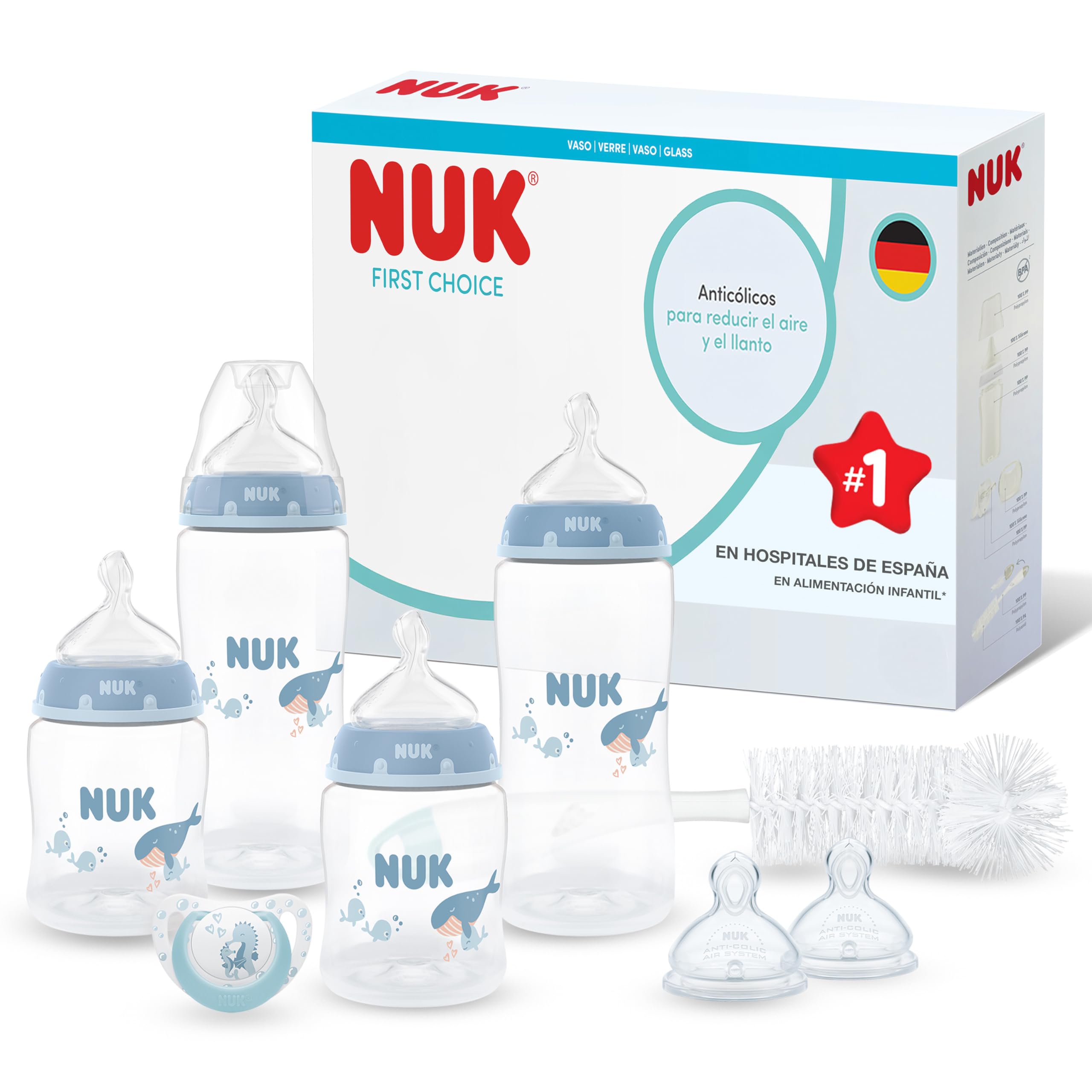 NUK First Choice Perfect Start Set de Biberones para Recién Nacidos | 0-6 Meses | 4 Anticólicos (150 ml, 300 ml), 2 Tetinas, 1 Chupete, 1 Cepillo para Biberones | Ballena | 8 Piezas