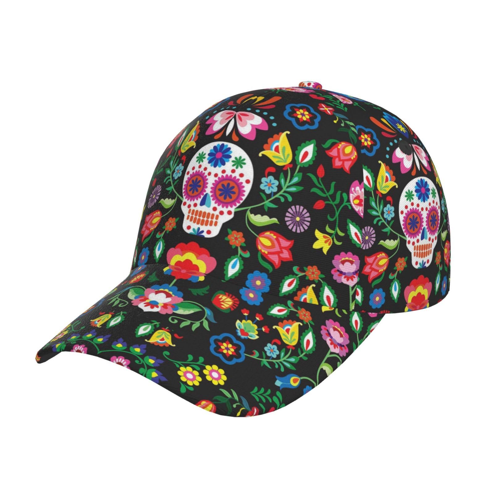 HYSDPUZK Sugar Horror Skull and Flowers Print Tylish Curved-Brim Baseball Cap - Full Print Polyester Hat for All Seasons and Genders