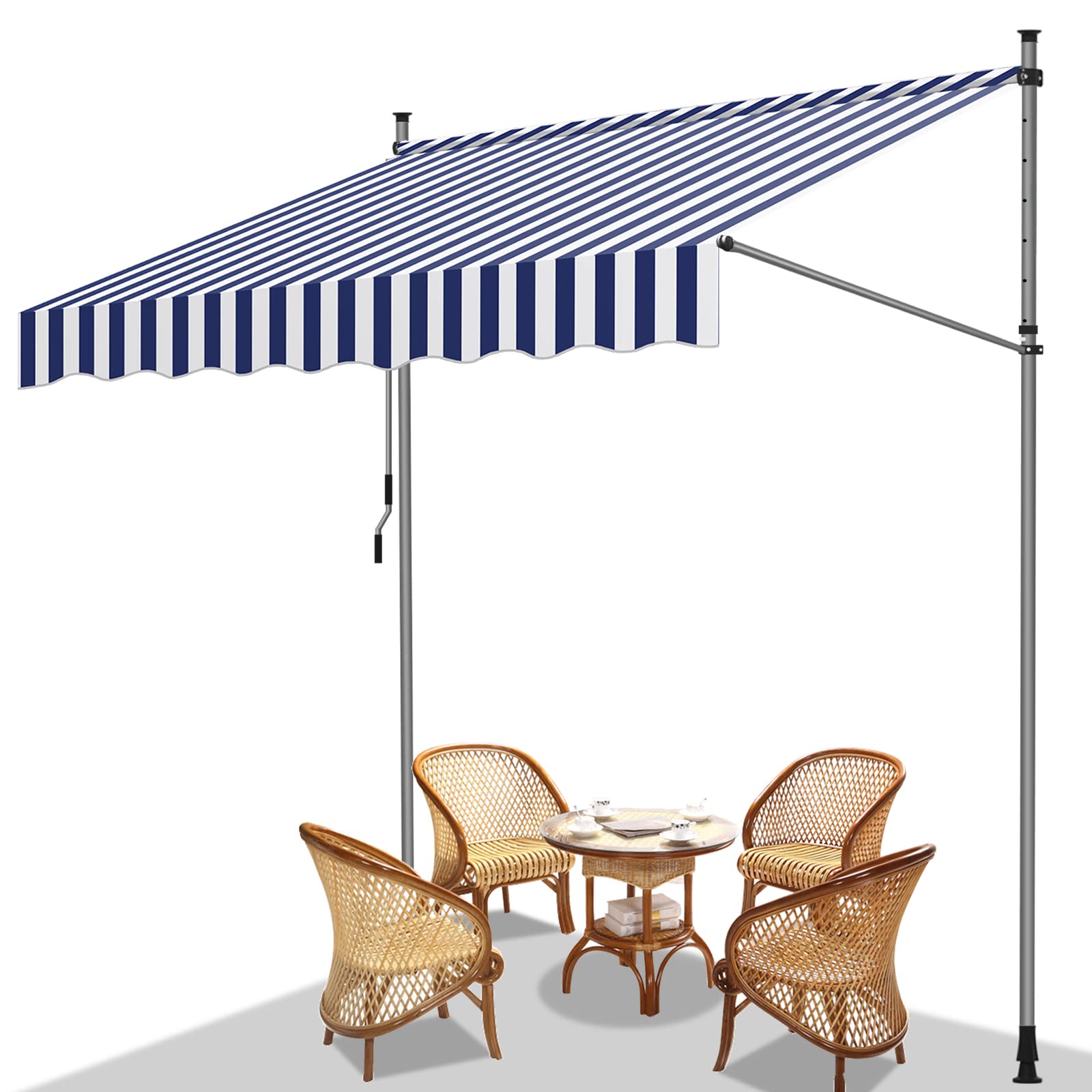 Fiqops Klemmmarkise Balkon 200x120cm Markise Einziehbar aus Polyester, Stahl Höhenverstellbar Markise mit Handkurbel, UV-beständig, Installation ohne Bohren für Balkon Garten Terrasse Blau Weiß