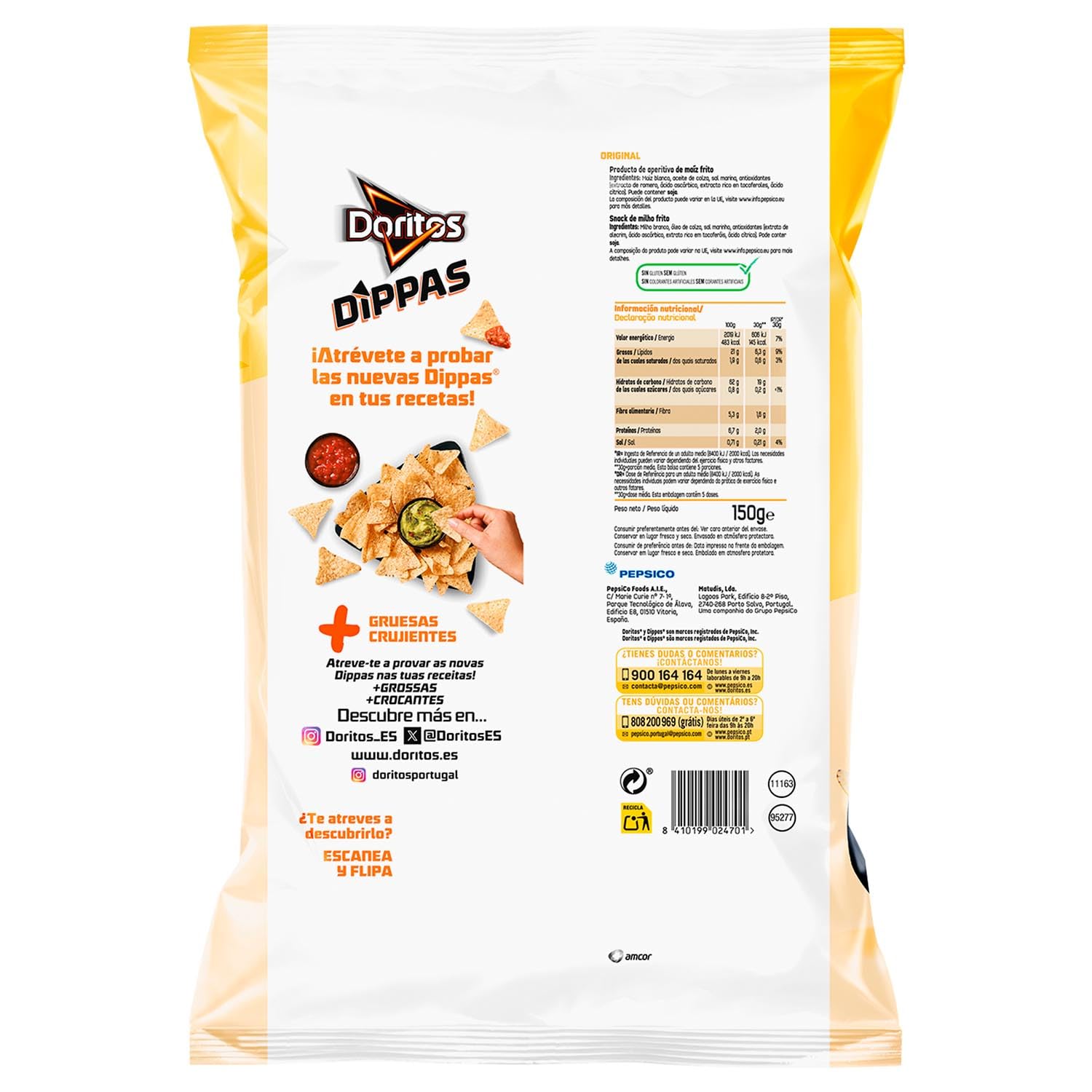 DORITOS Dippas Nachos de Maíz Sabor Original para Aperitivo y Dips, Bolsas Individuales de 150 g, Pack de 15