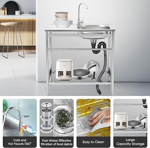 Miniatura 2 de DuyviSteil Fregadero de acero inoxidable de alta calidad, fregadero de un solo tazón con banco de trabajo para cocinas comerciales y lavandería