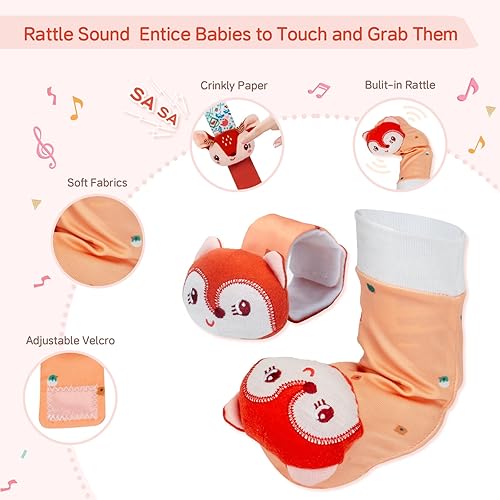 Miniatura 4 de Encantadores sonajeros de muñeca y calcetines de juguete para bebés de 0 a 6 a 12 meses de edad, juguete suave para recién nacido, buscador de manos